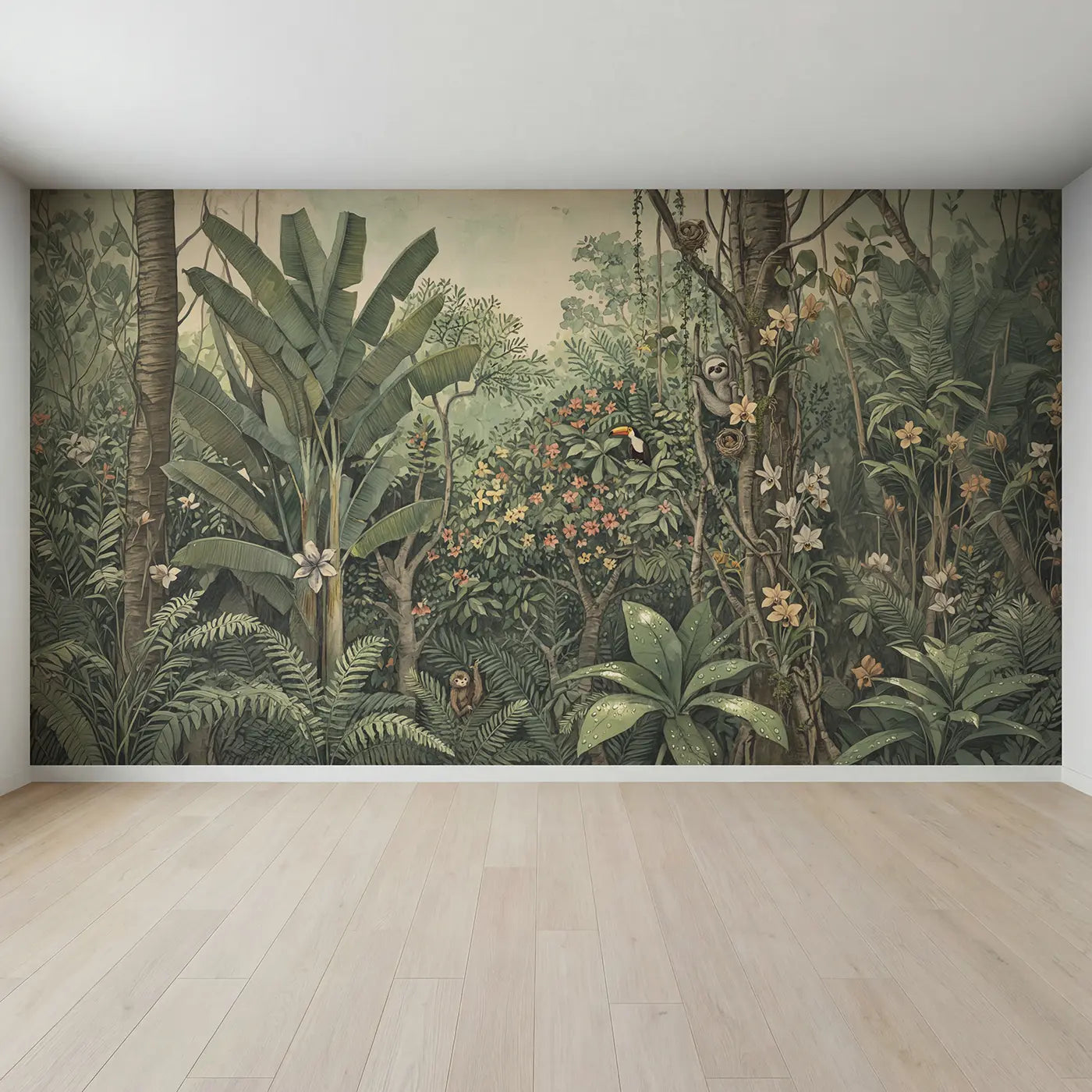 Full view of Tropical Jungle Canopy Wallpaper Mural by Whimsy Tots