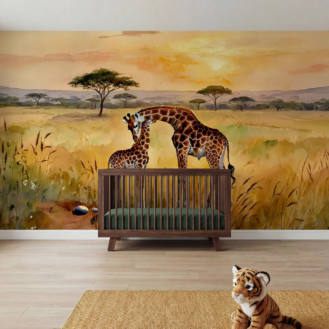 Watercolor giraffe savanna golden hour wallpaper mural for girls nursery by Whimsy Tots