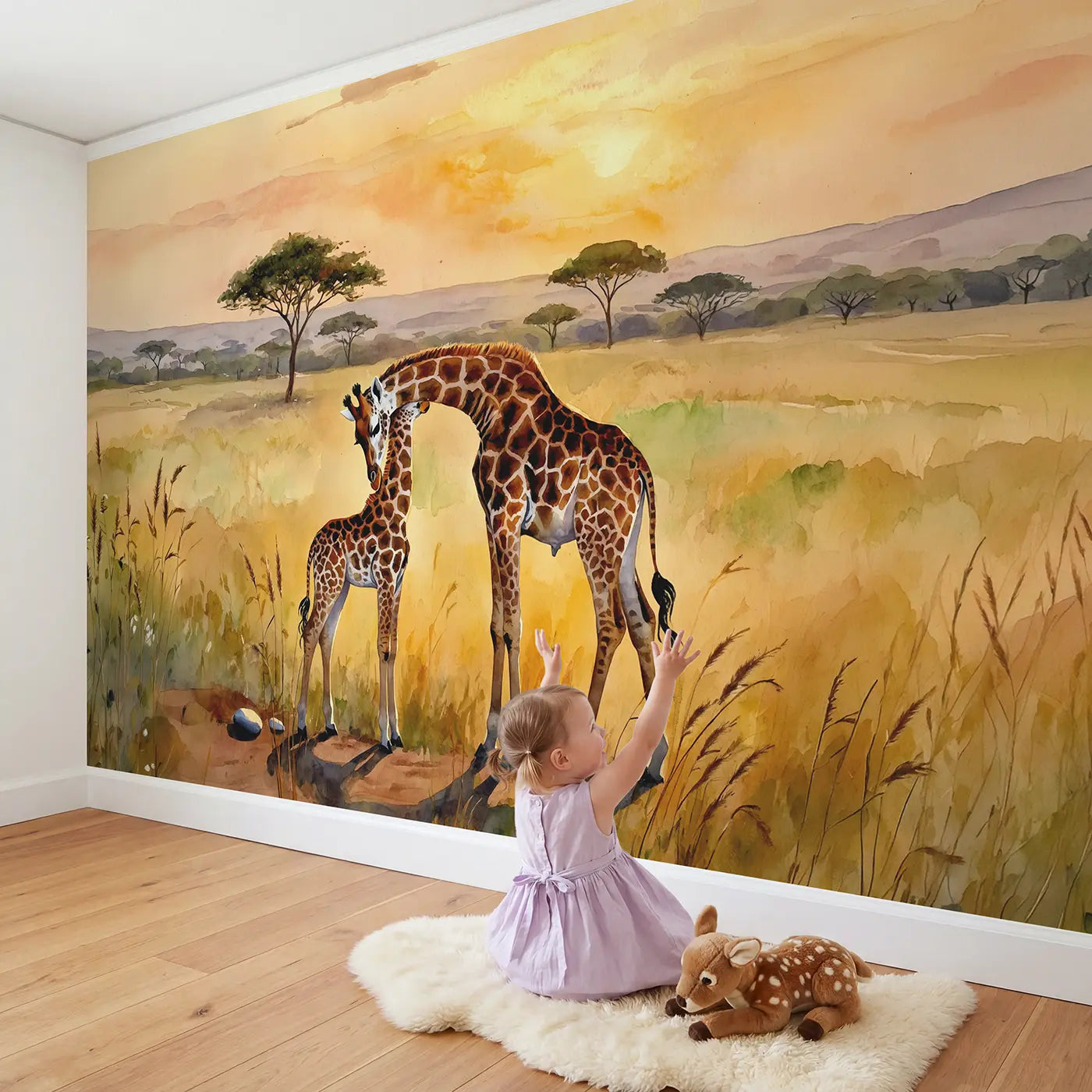 Child in nursery with Golden Hour Giraffe Wallpaper Mural by Whimsy Tots