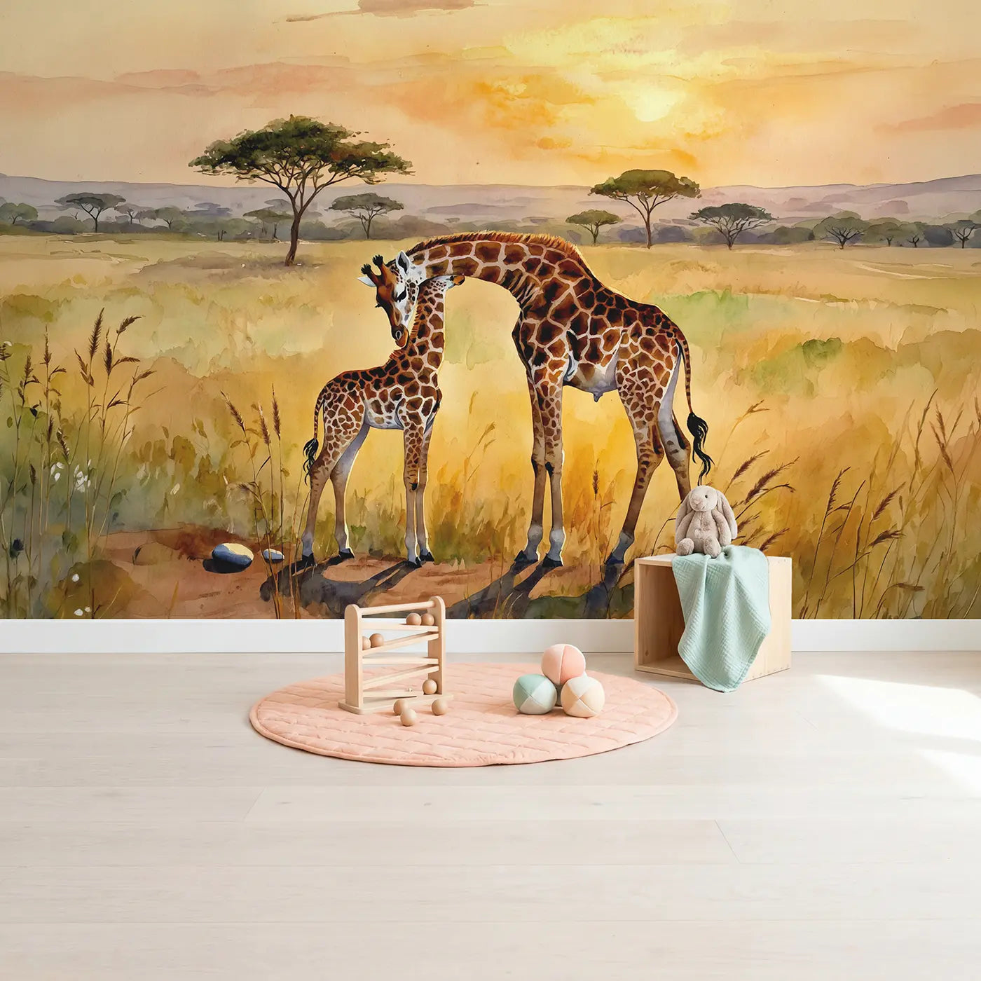 Golden Hour Giraffe Wallpaper Mural in playroom setting by Whimsy Tots