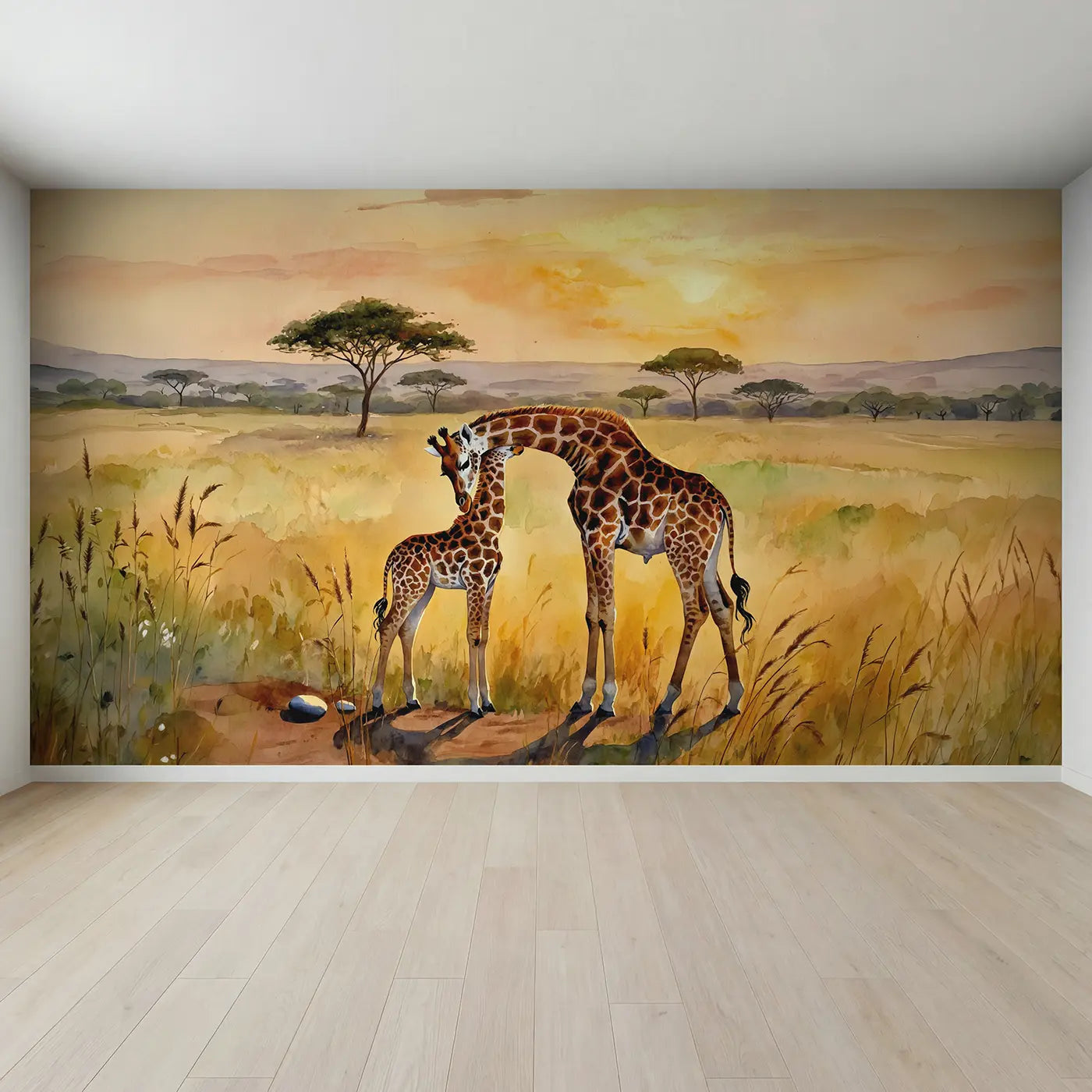 Full view of Golden Hour Giraffe Wallpaper Mural by Whimsy Tots