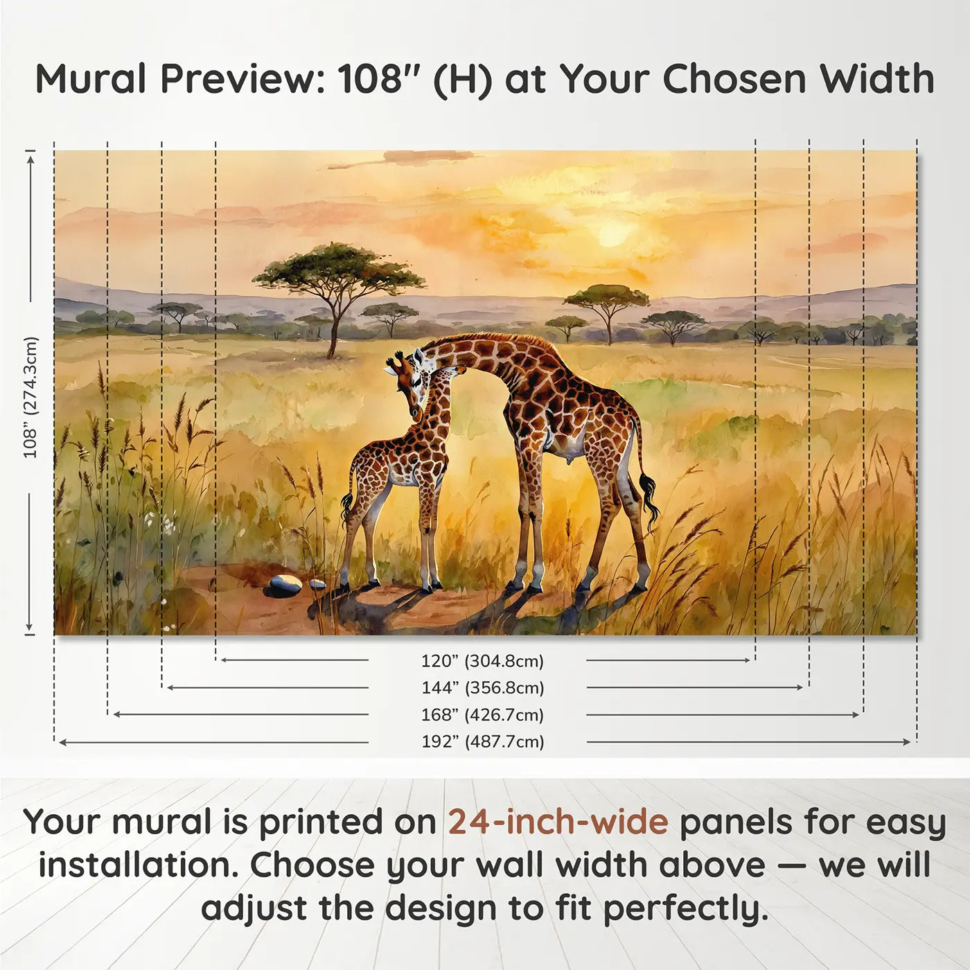 Panel layout and dimensions for Golden Hour Giraffe Wallpaper Mural by Whimsy Tots