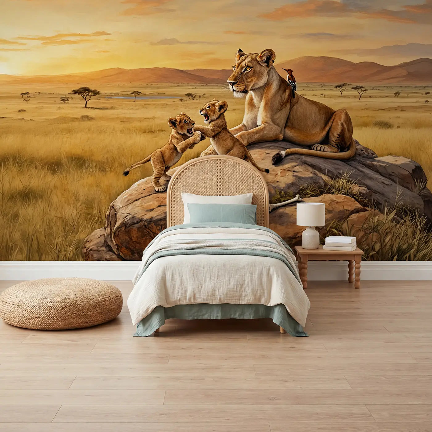 Storybook lion cubs rocky hilltop wallpaper mural for kids room by Whimsy Tots