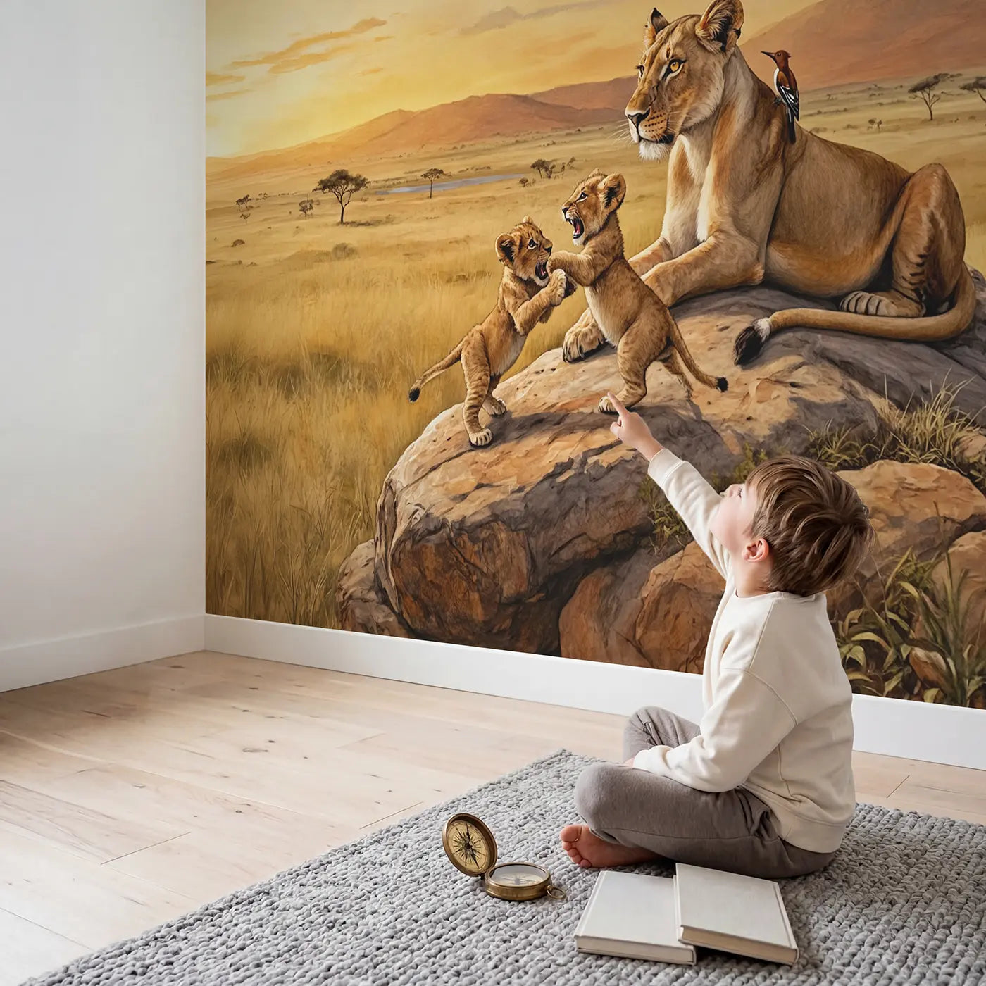 Child in nursery with Lion Cubs Rocky Hilltop Wallpaper Mural by Whimsy Tots