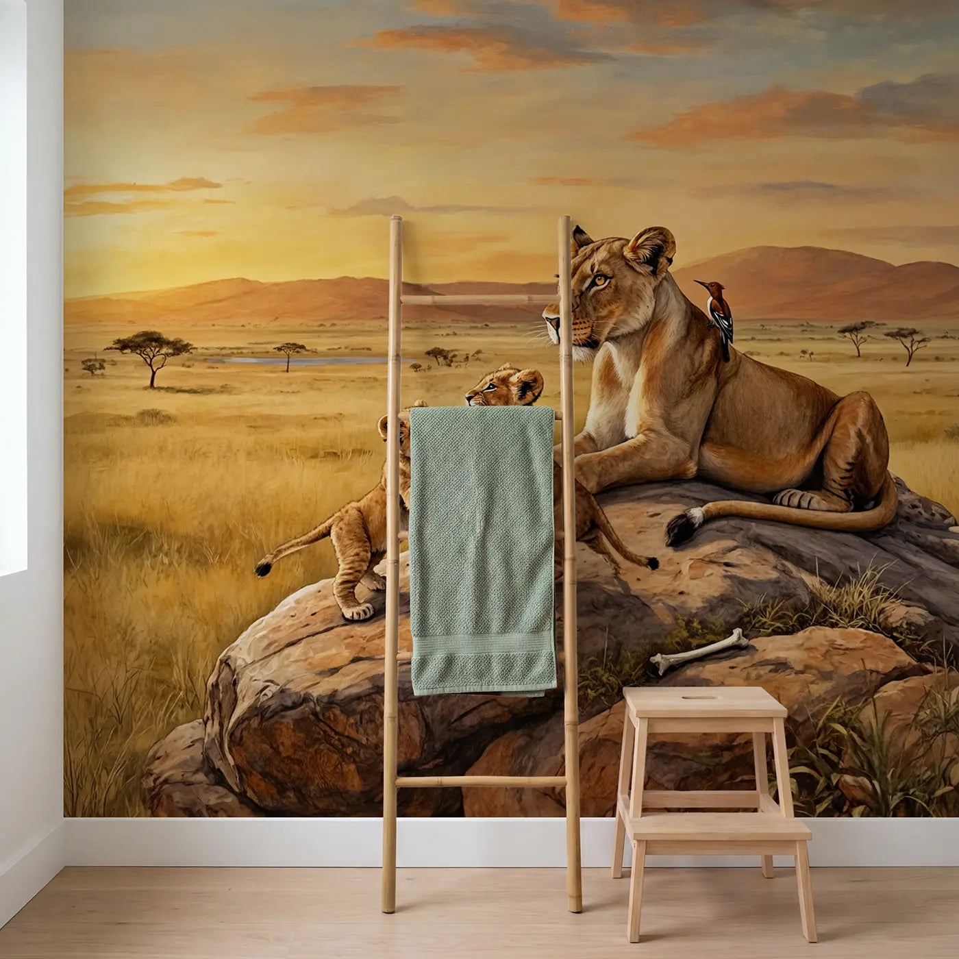 Lion Cubs Rocky Hilltop Wallpaper Mural in playroom setting by Whimsy Tots