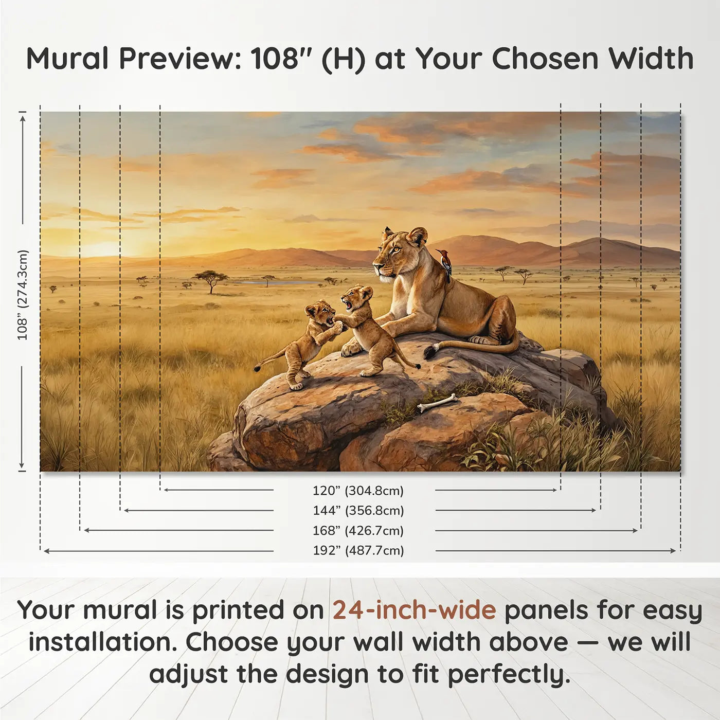 Panel layout and dimensions for Lion Cubs Rocky Hilltop Wallpaper Mural by Whimsy Tots