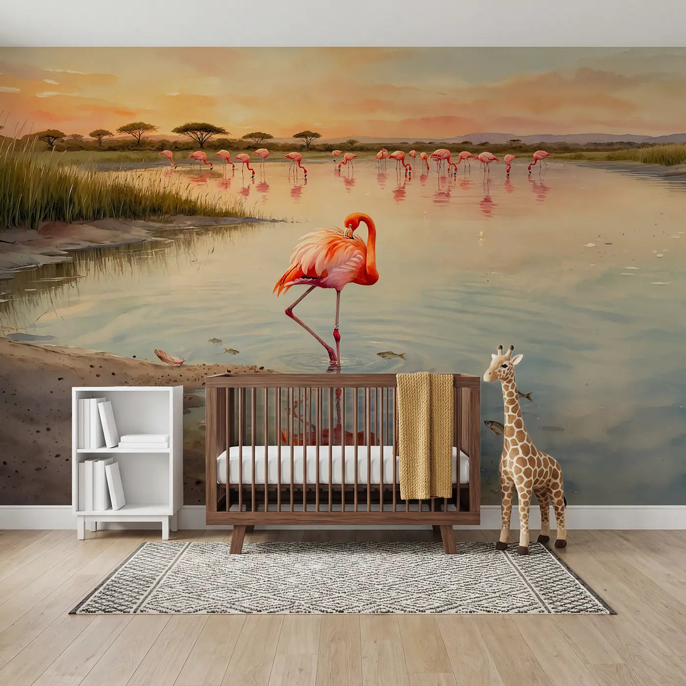 watercolor sunset flamingo lake edge wallpaper mural for kids room by Whimsy Tots