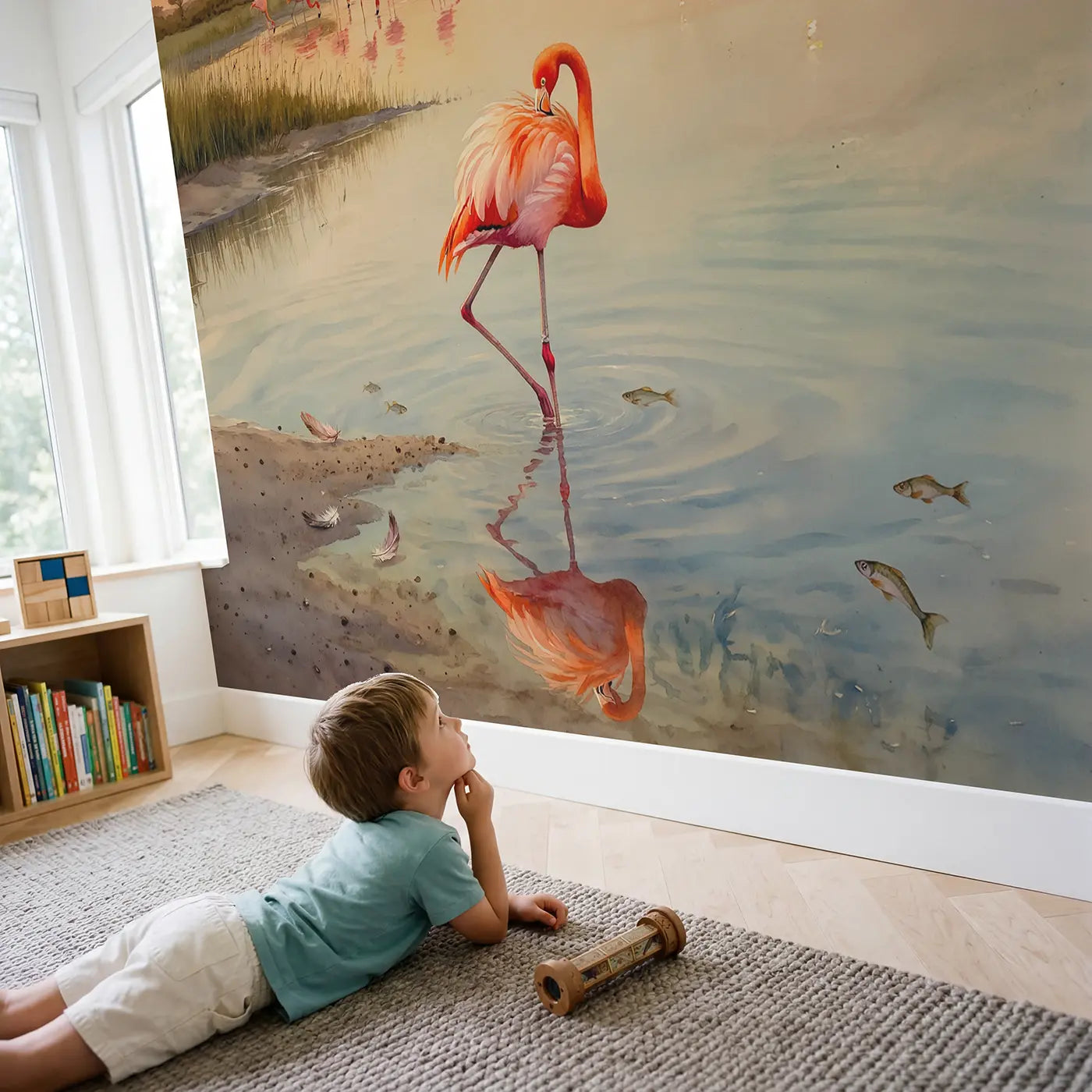 Child in nursery with Sunset Flamingo Lake Edge Wallpaper Mural by Whimsy Tots