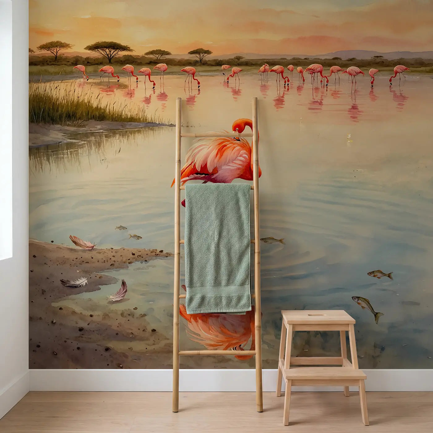 Sunset Flamingo Lake Edge Wallpaper Mural in playroom setting by Whimsy Tots