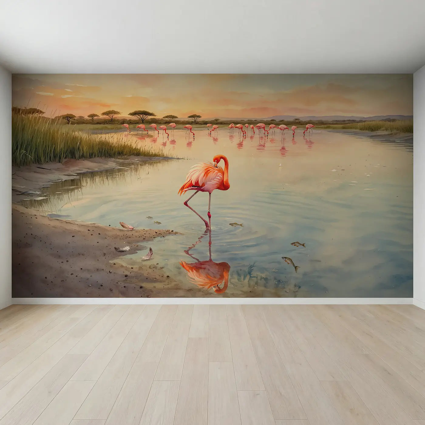 Full view of Sunset Flamingo Lake Edge Wallpaper Mural by Whimsy Tots