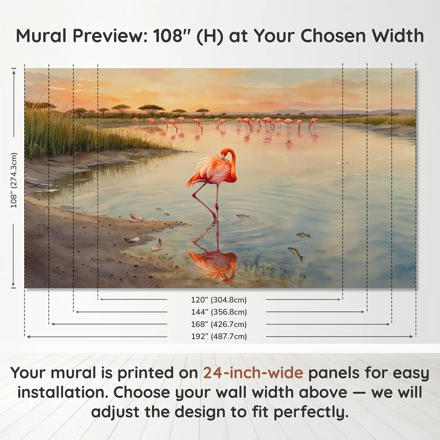 Panel layout and dimensions for Sunset Flamingo Lake Edge Wallpaper Mural by Whimsy Tots