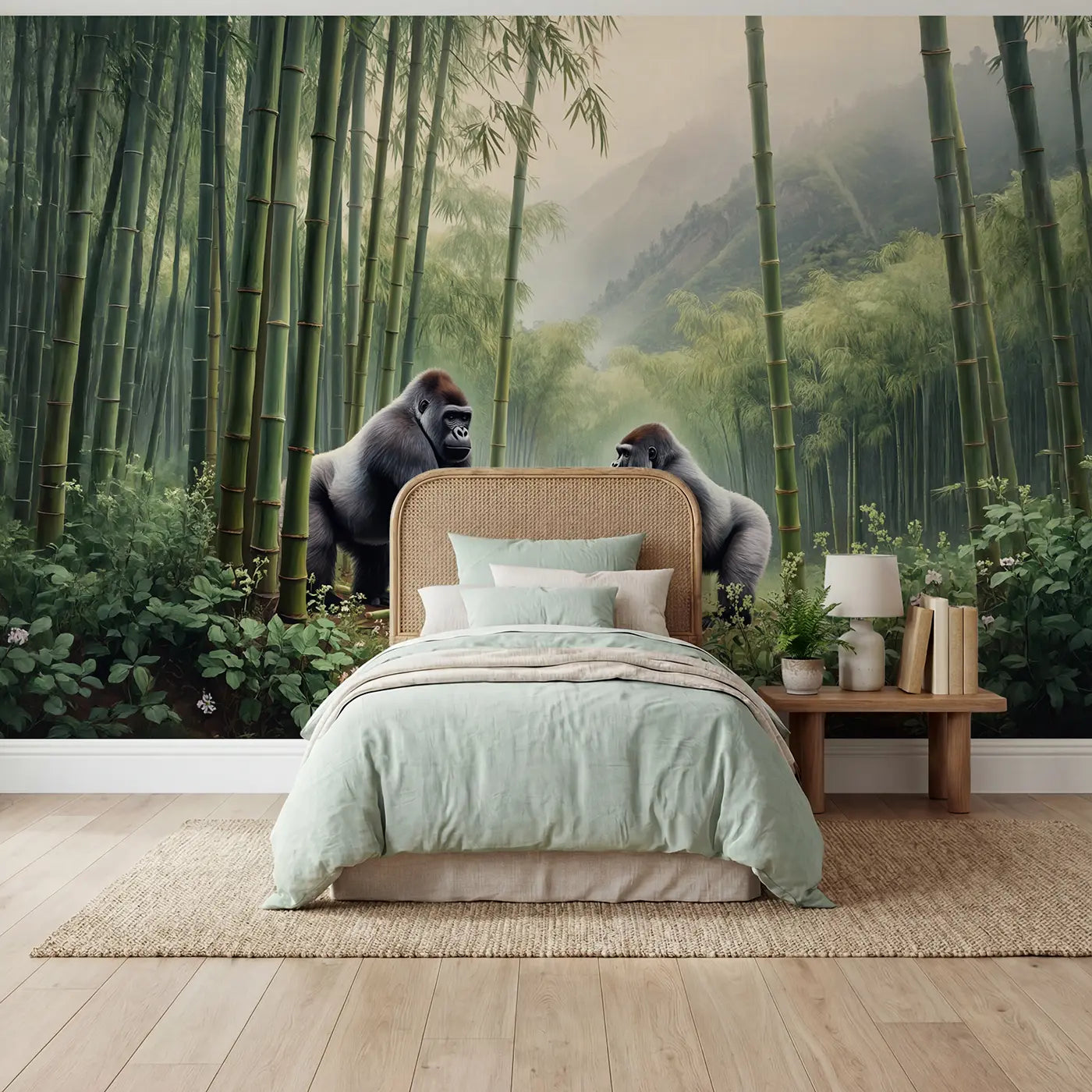 Soft pastel gorilla and jungle wallpaper mural for kids room by Whimsy Tots