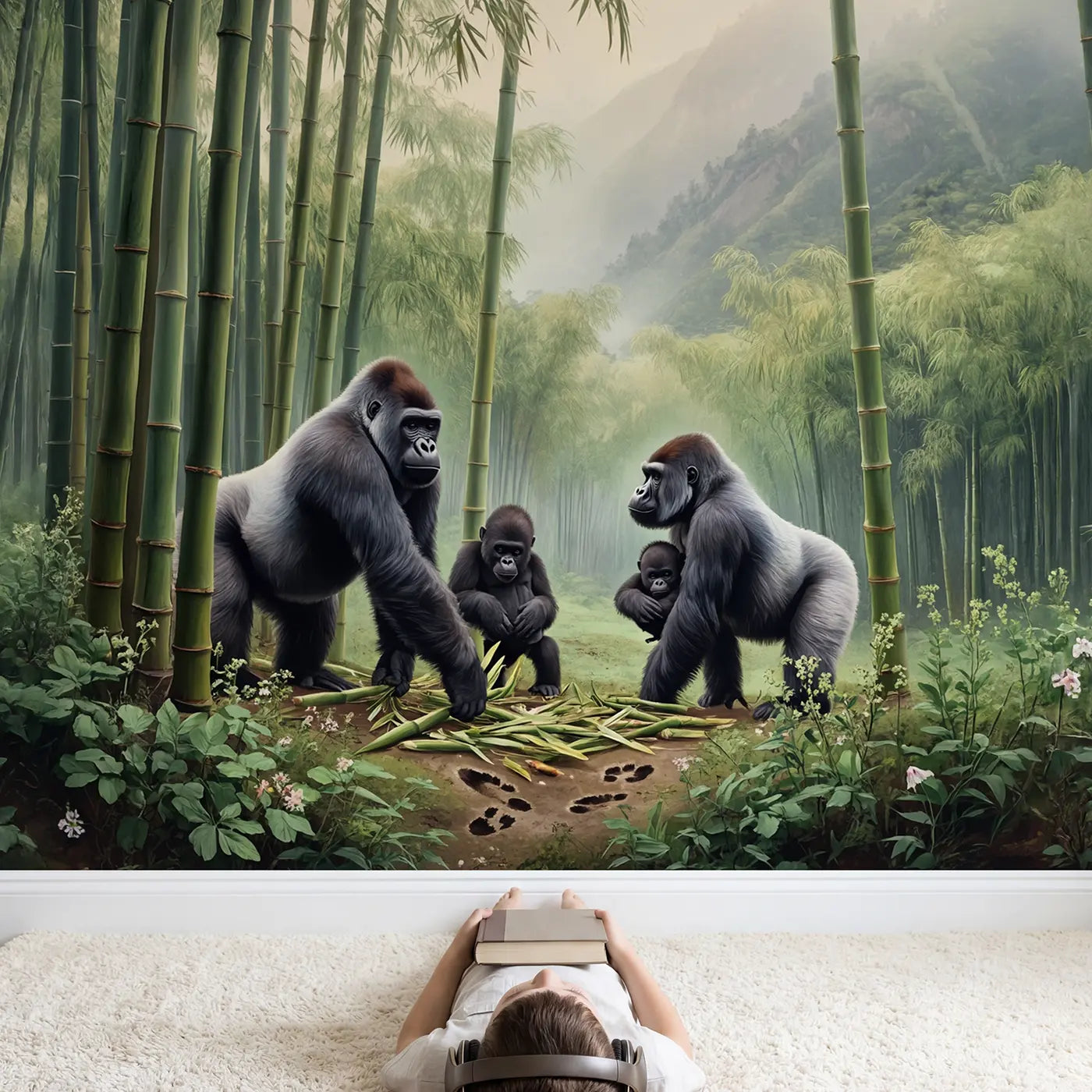 Child in nursery with Mountain Gorilla Bamboo Forest Wallpaper Mural by Whimsy Tots