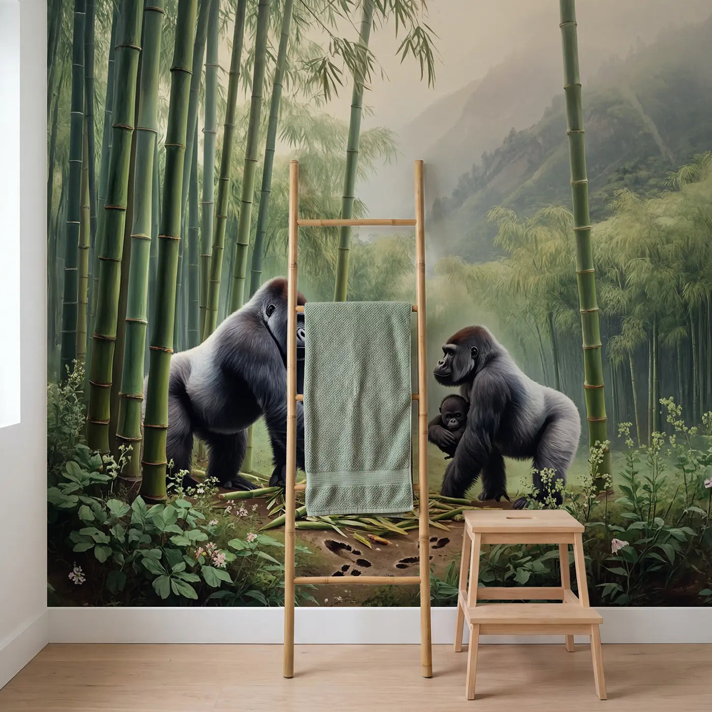Mountain Gorilla Bamboo Forest Wallpaper Mural in playroom setting by Whimsy Tots