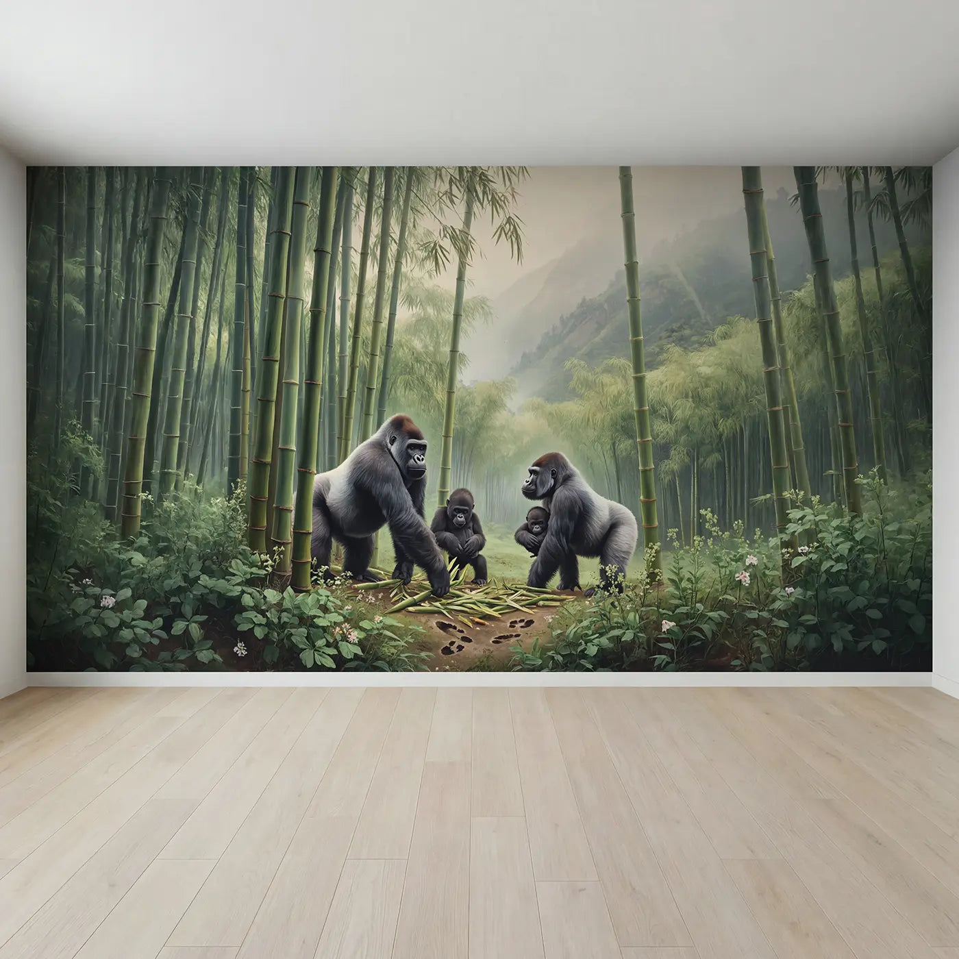 Full view of Mountain Gorilla Bamboo Forest Wallpaper Mural by Whimsy Tots