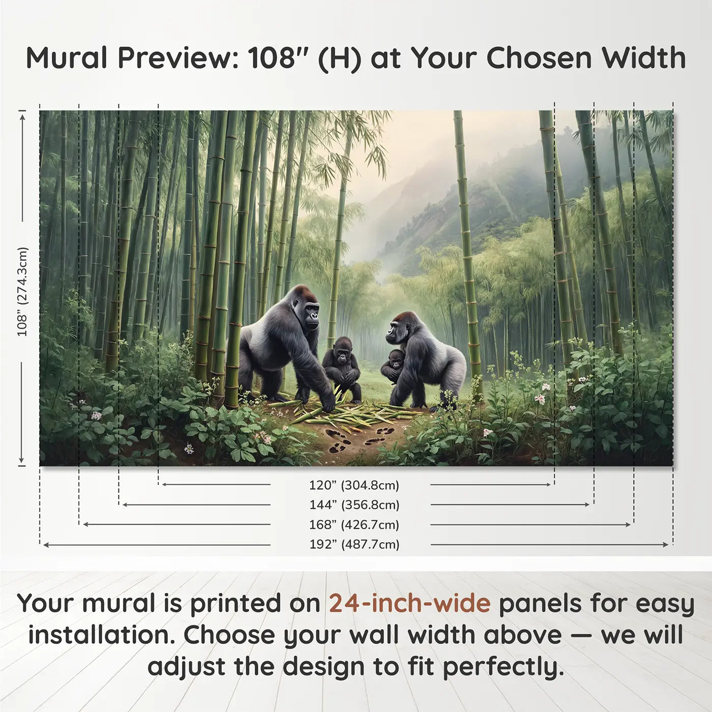 Panel layout and dimensions for Mountain Gorilla Bamboo Forest Wallpaper Mural by Whimsy Tots