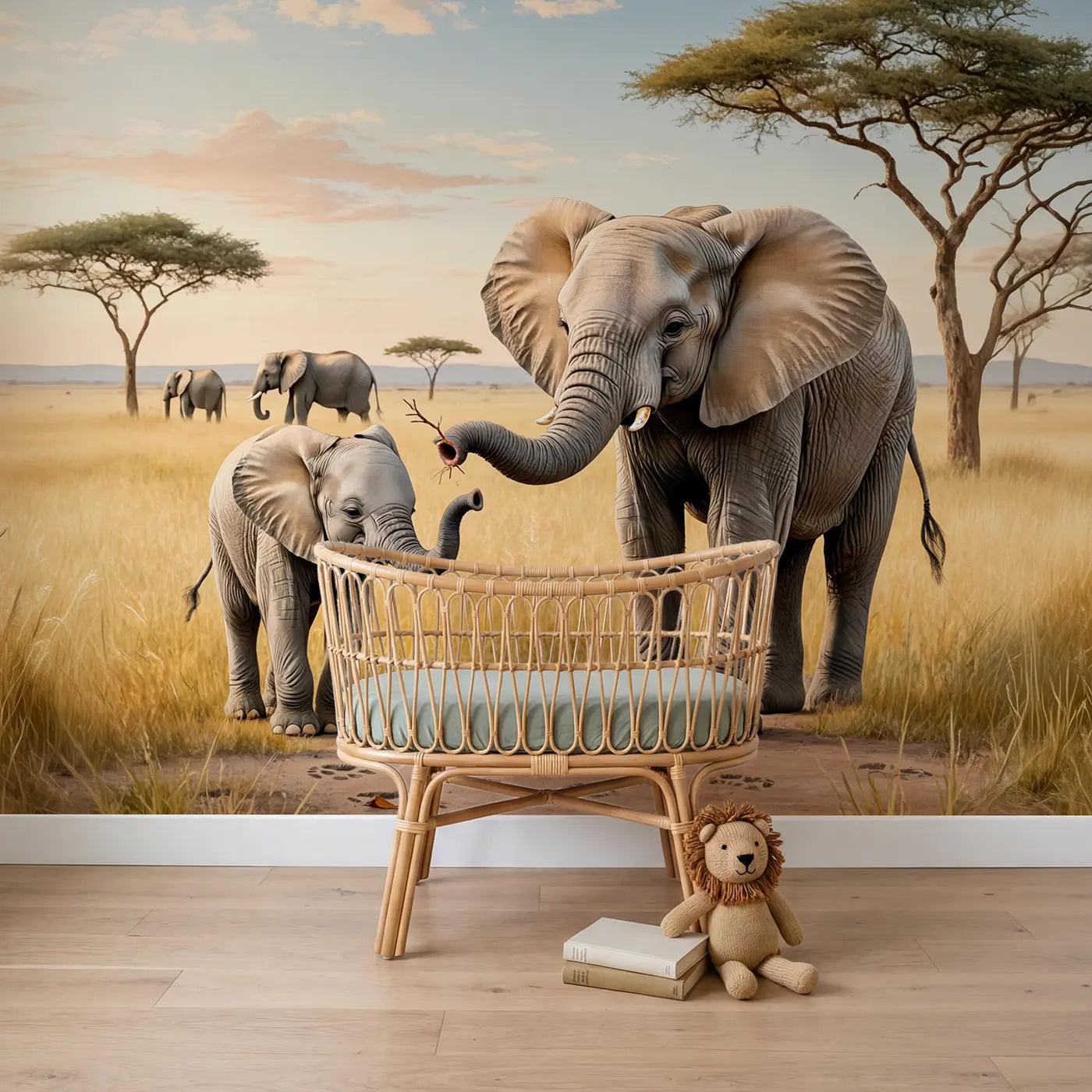 Soft pastel elephant and savanna wallpaper mural for nursery by Whimsy Tots