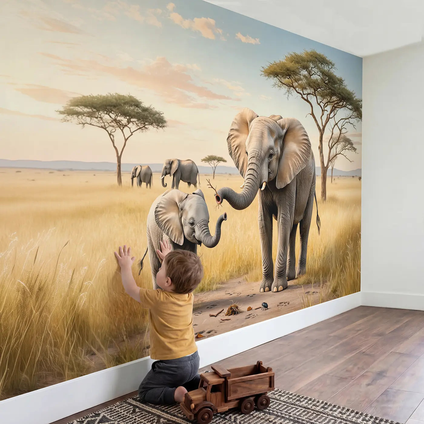 Child in nursery with Baby Elephant Trunk Practice Wallpaper Mural by Whimsy Tots