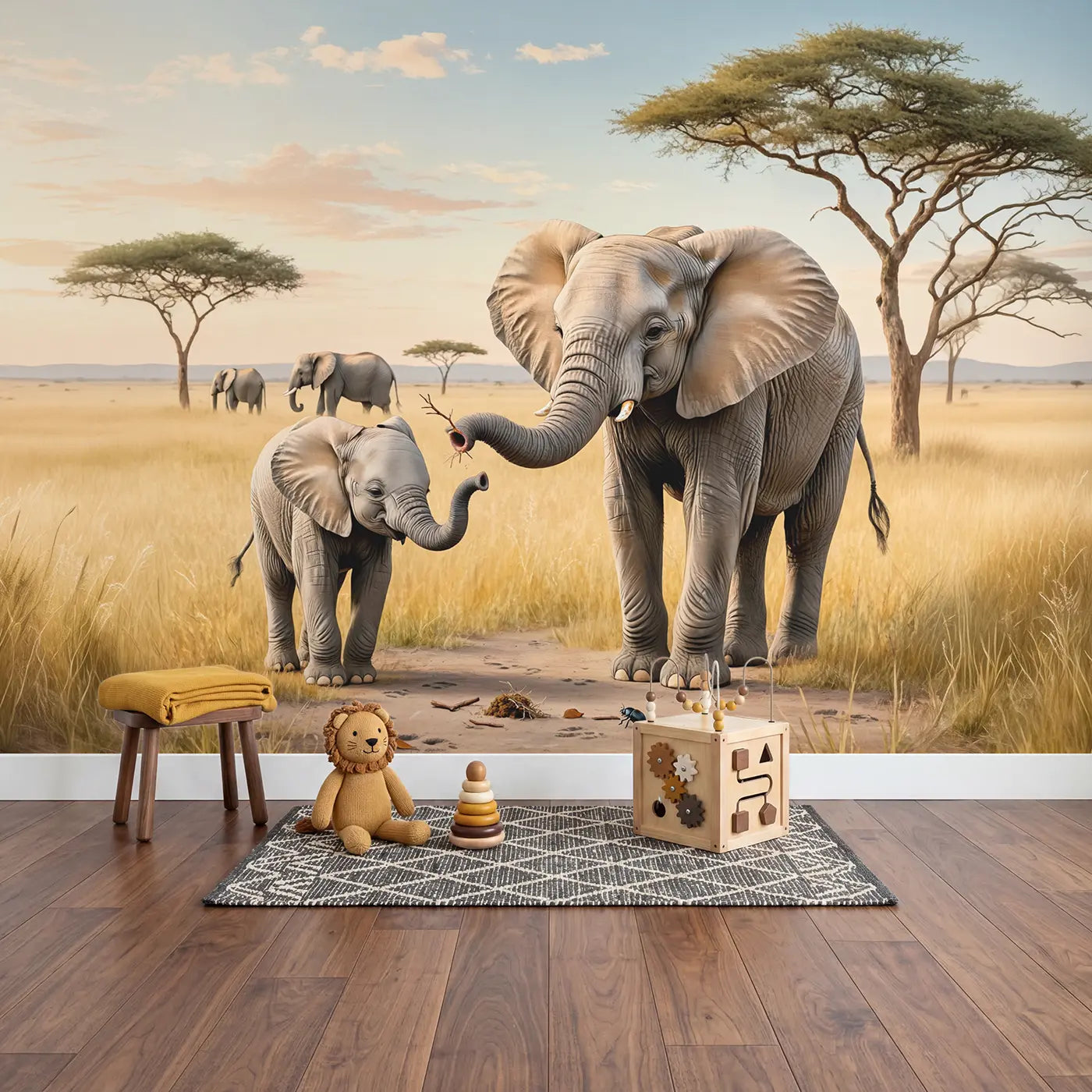 Baby Elephant Trunk Practice Wallpaper Mural in playroom setting by Whimsy Tots