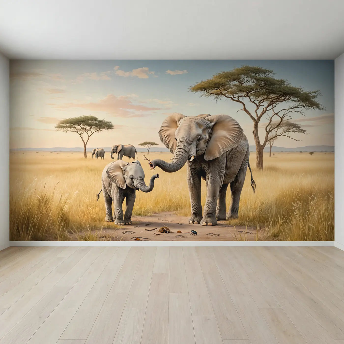 Full view of Baby Elephant Trunk Practice Wallpaper Mural by Whimsy Tots
