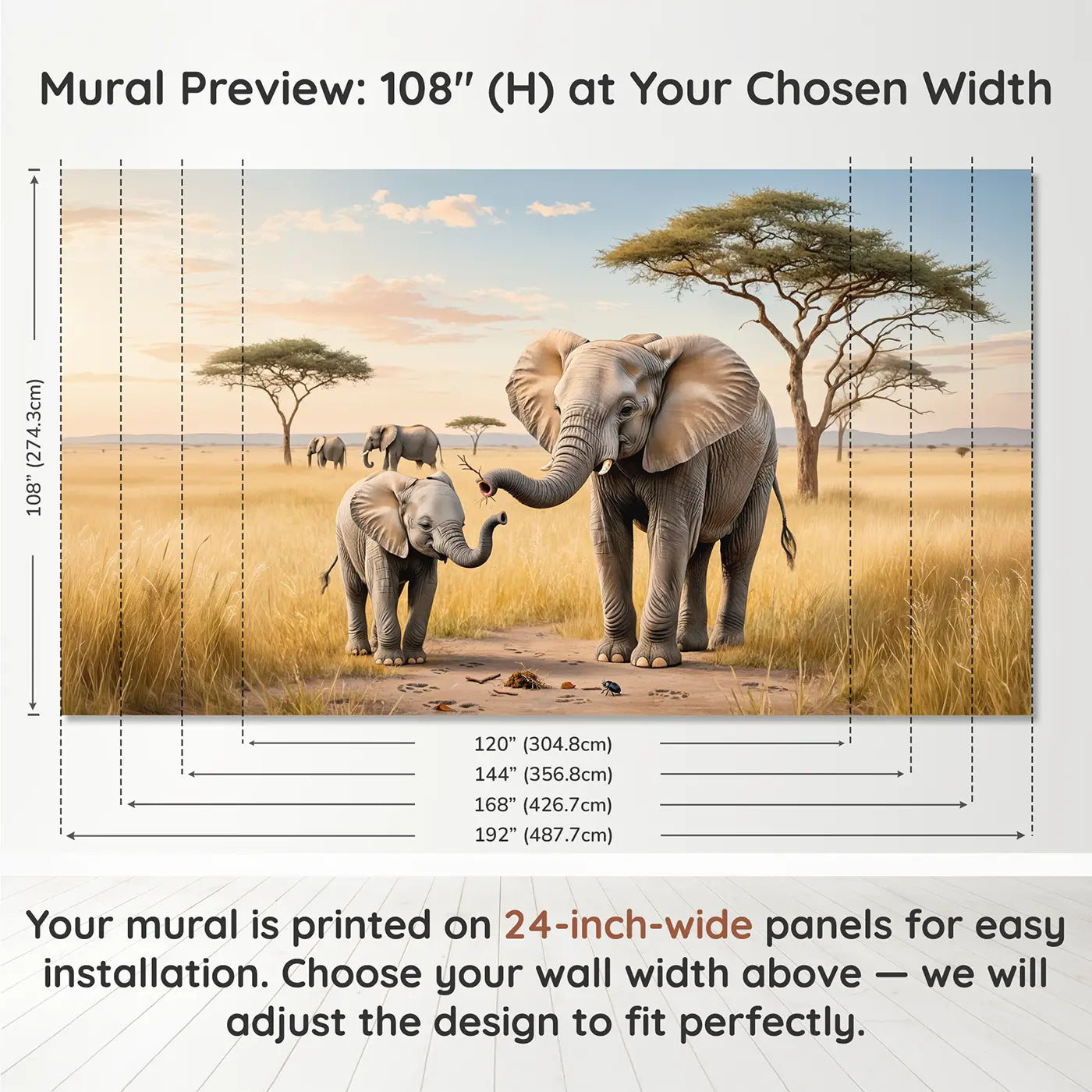 Panel layout and dimensions for Baby Elephant Trunk Practice Wallpaper Mural by Whimsy Tots