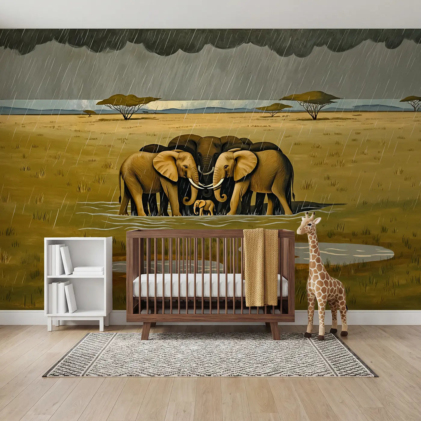 Gouache illustration elephant and savanna wallpaper mural for nursery by Whimsy Tots