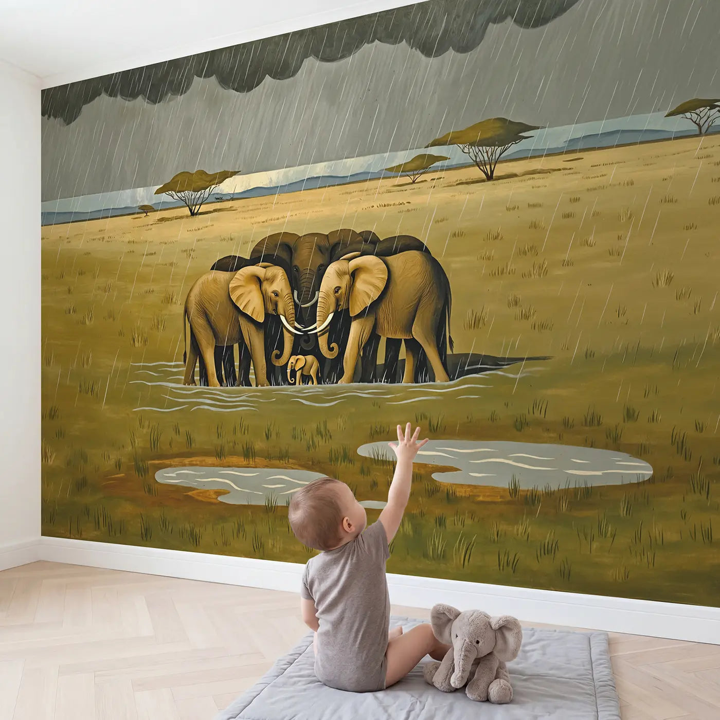 Child in nursery with Elephant Circle Rain Protection Wallpaper Mural by Whimsy Tots