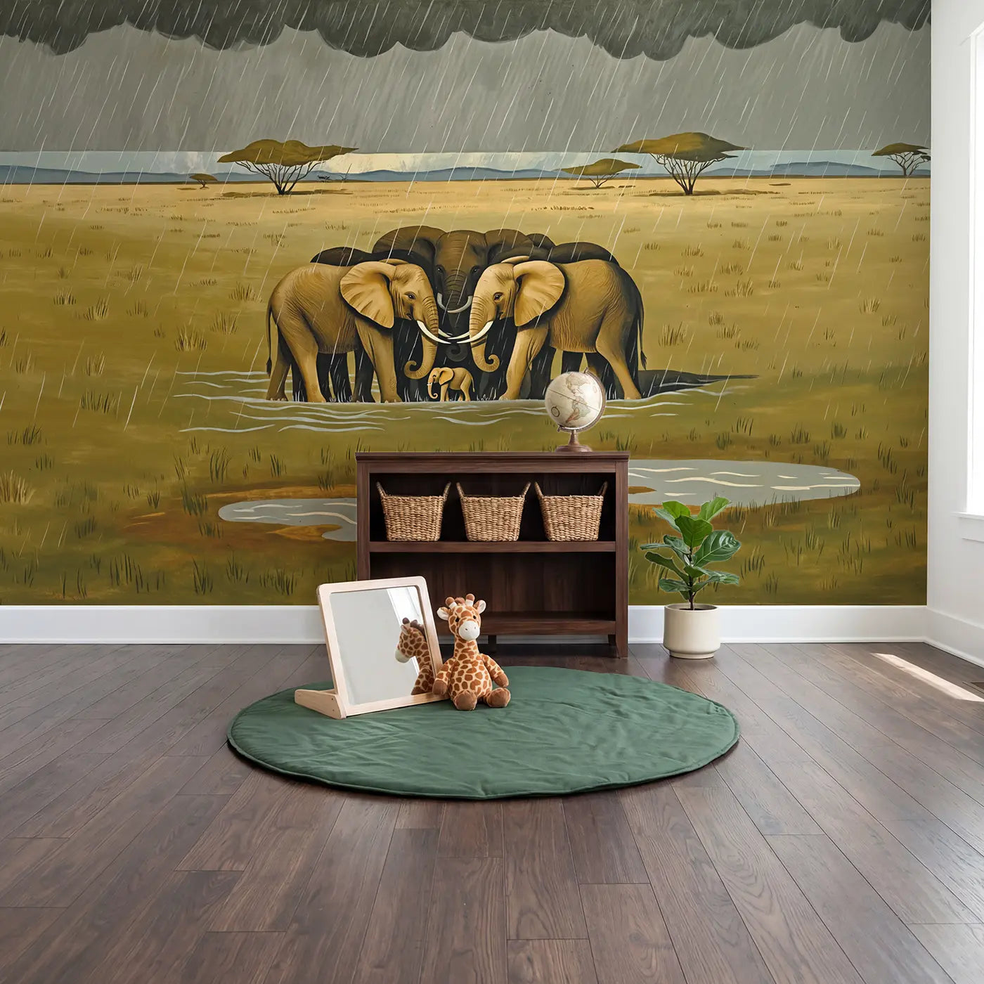 Elephant Circle Rain Protection Wallpaper Mural in playroom setting by Whimsy Tots