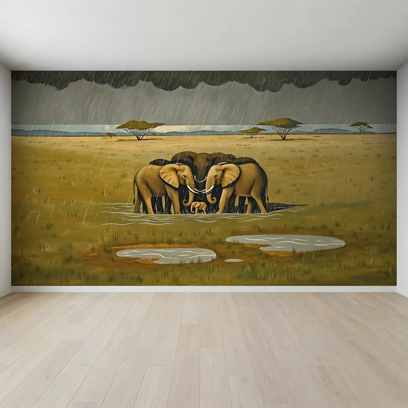 Full view of Elephant Circle Rain Protection Wallpaper Mural by Whimsy Tots