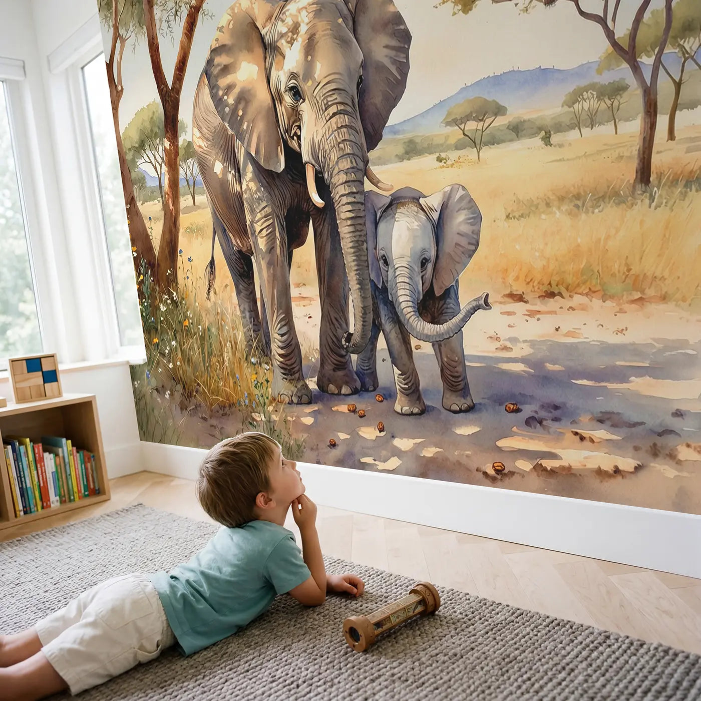 Child in nursery with Mother Elephant Shelter Wallpaper Mural by Whimsy Tots