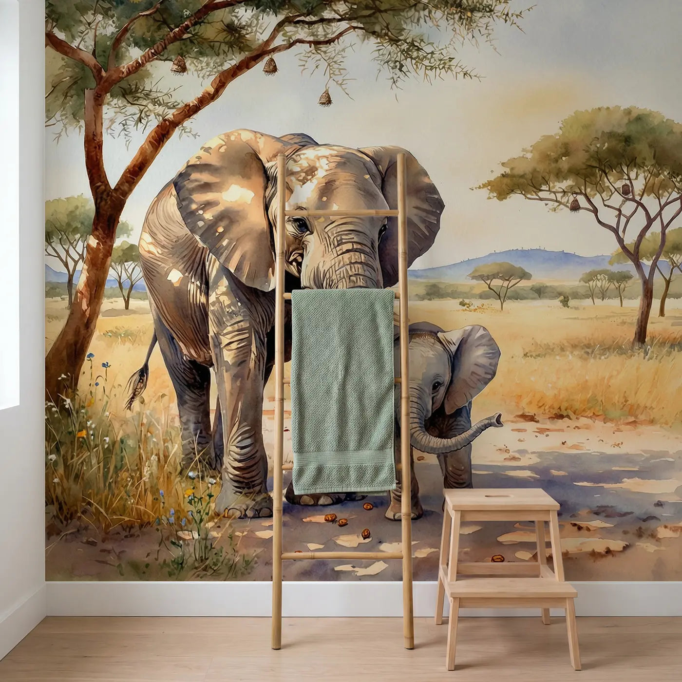 Mother Elephant Shelter Wallpaper Mural in playroom setting by Whimsy Tots