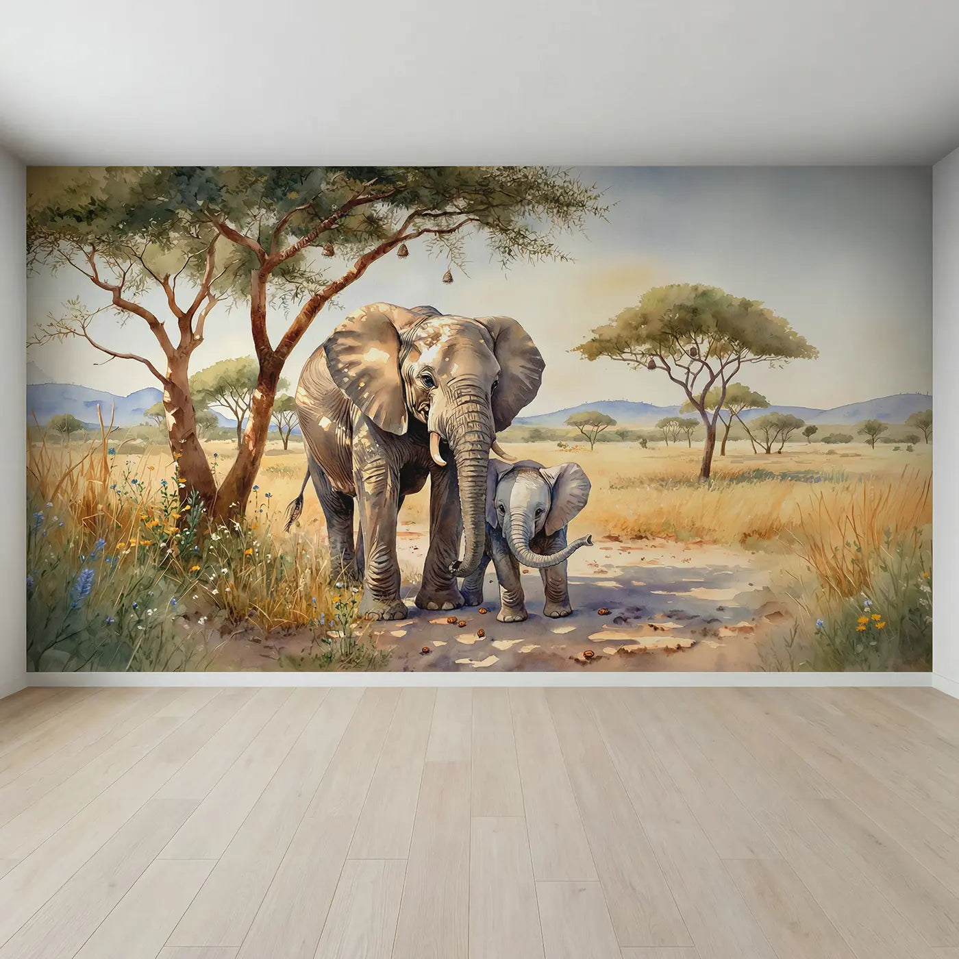 Full view of Mother Elephant Shelter Wallpaper Mural by Whimsy Tots