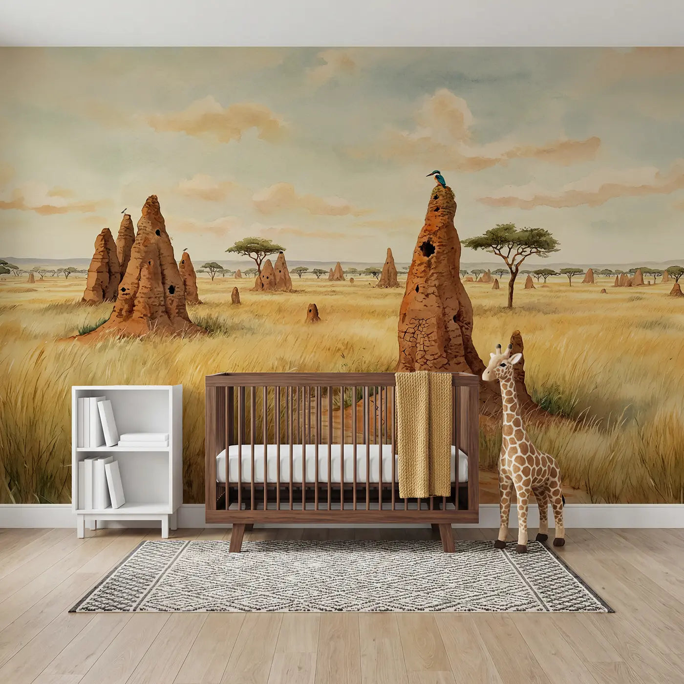 Watercolor savanna jungle safari wallpaper mural for nursery by Whimsy Tots