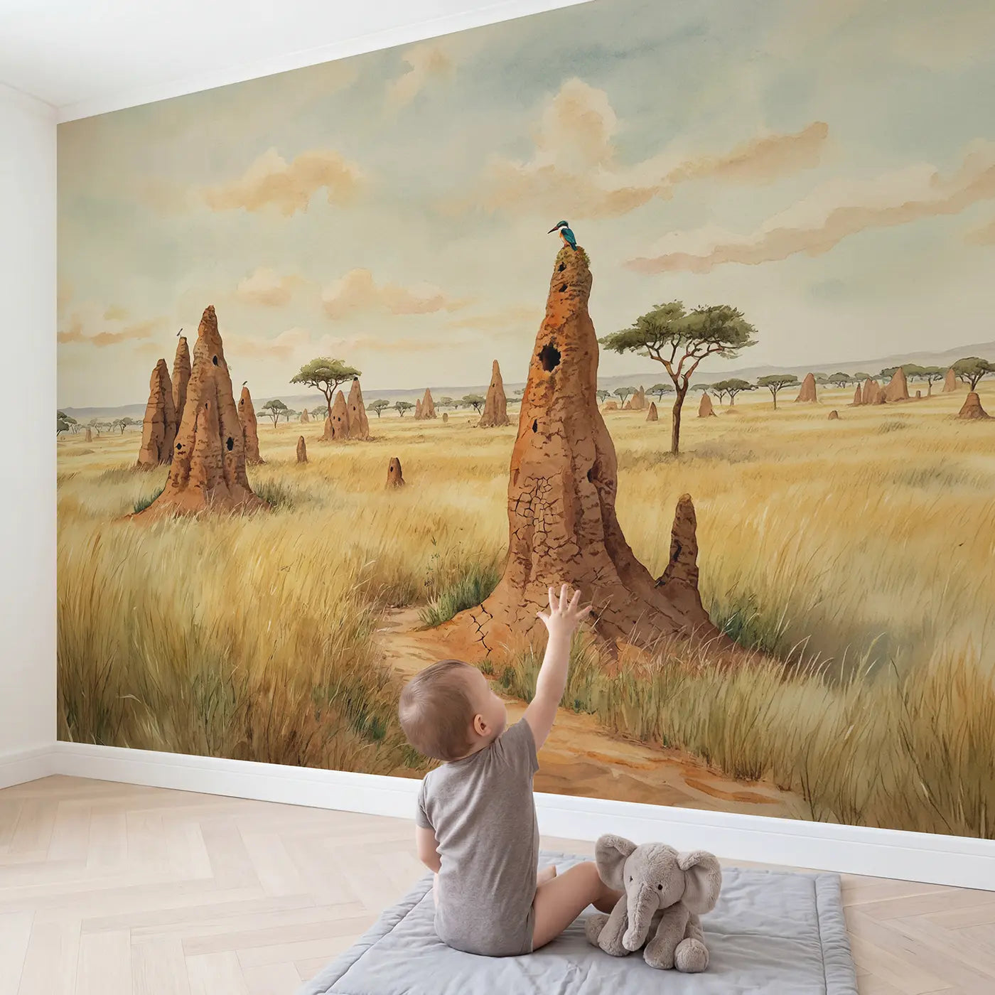 Child in nursery with Savanna Termite Mound Wallpaper Mural by Whimsy Tots