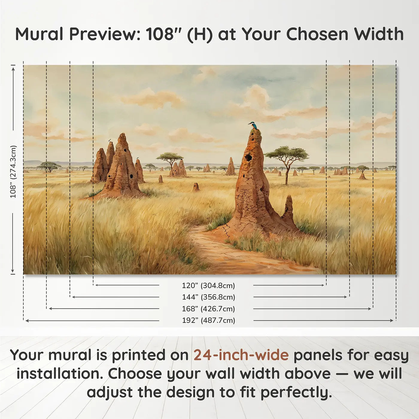 Panel layout and dimensions for Savanna Termite Mound Wallpaper Mural by Whimsy Tots