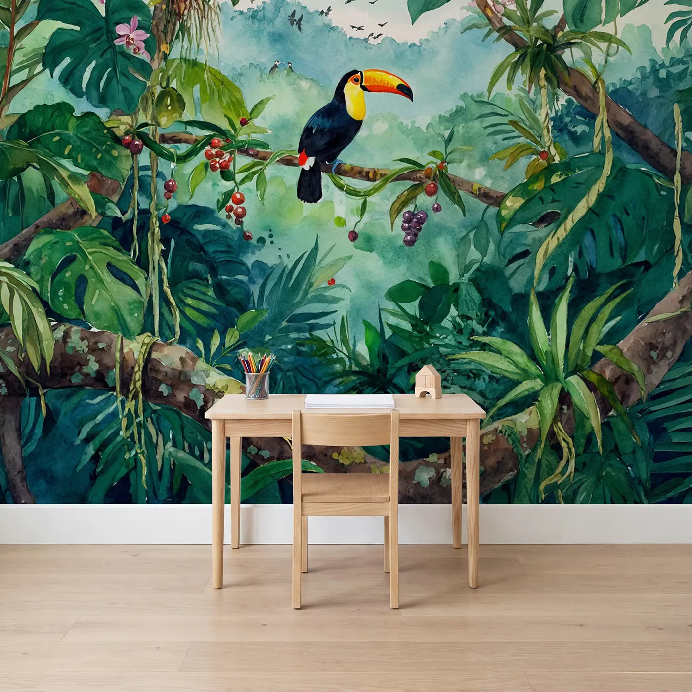watercolor rainforest toucan branch canopy wallpaper mural for kids room by Whimsy Tots