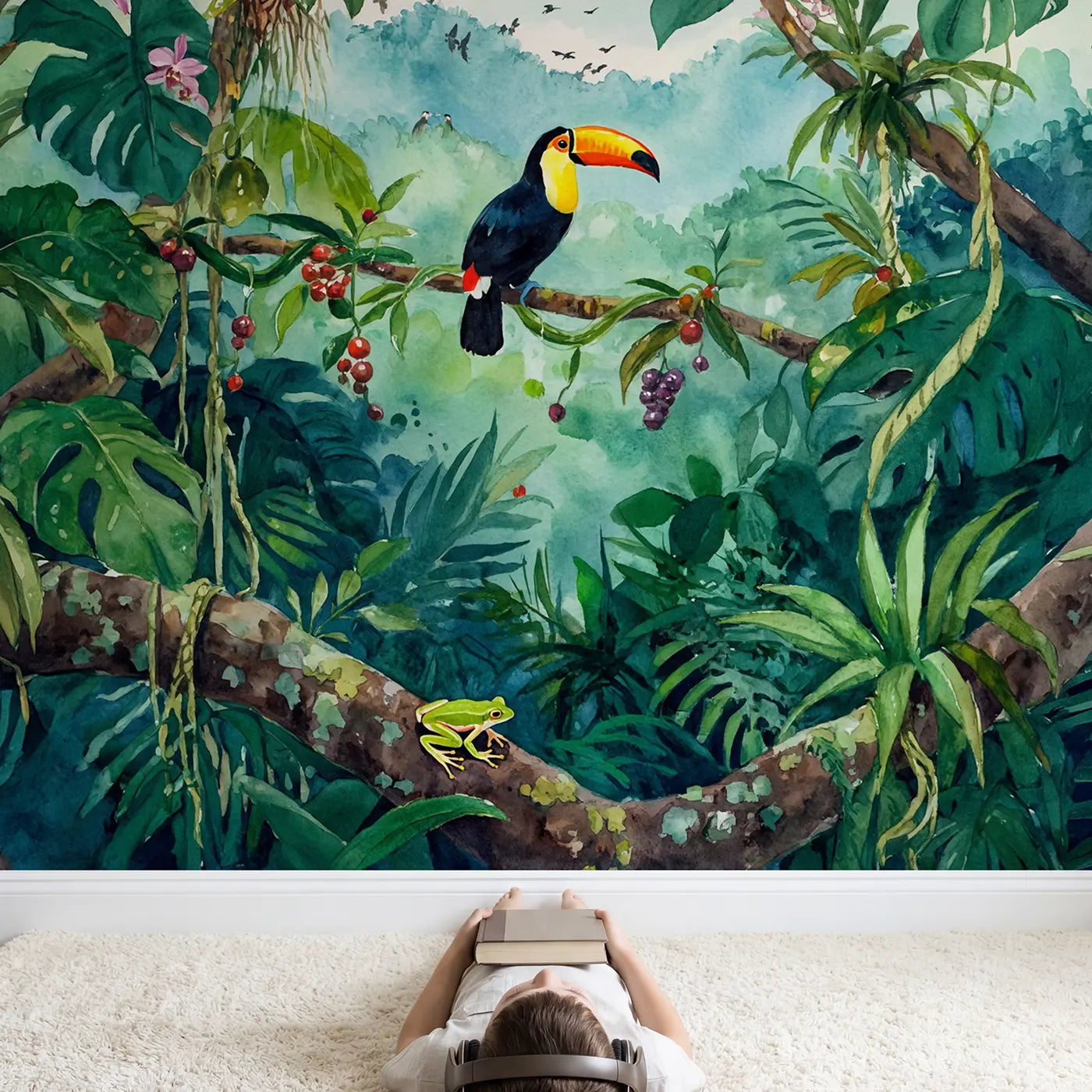 Child in nursery with Rainforest Toucan Branch Wallpaper Mural by Whimsy Tots