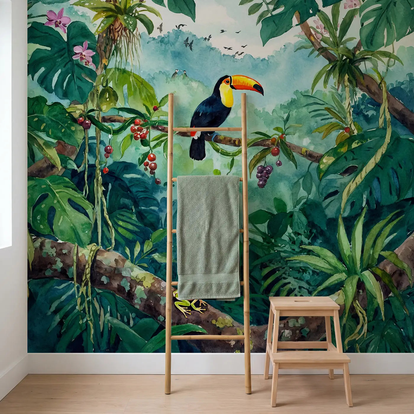 Rainforest Toucan Branch Wallpaper Mural in playroom setting by Whimsy Tots