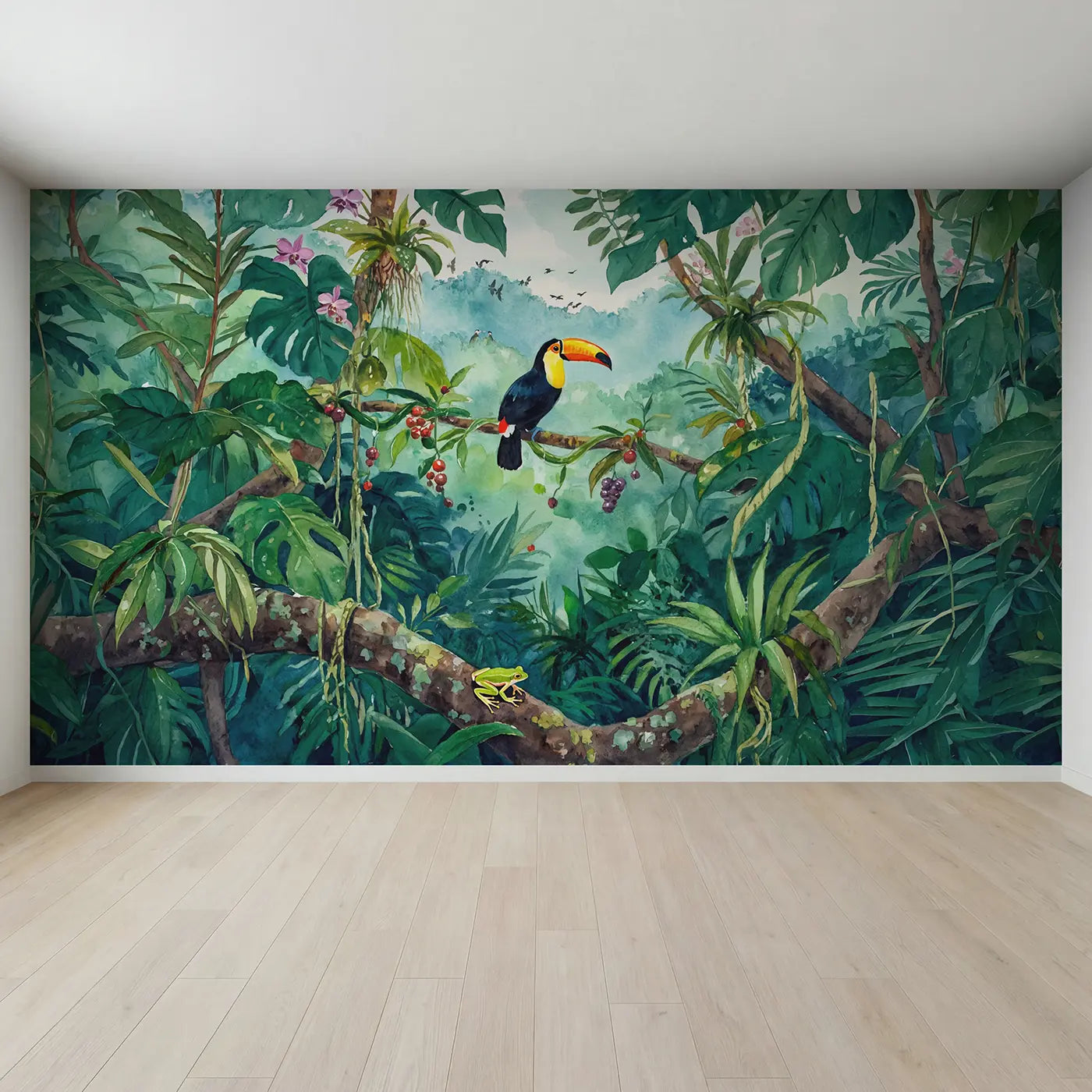 Full view of Rainforest Toucan Branch Wallpaper Mural by Whimsy Tots
