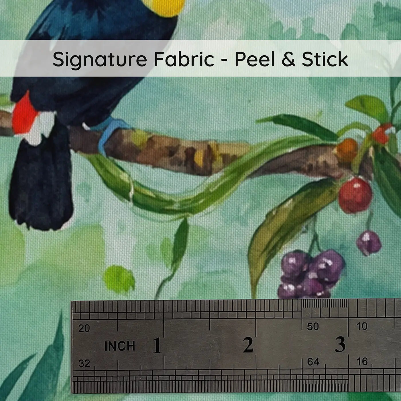 Fabric texture close-up of Rainforest Toucan Branch Wallpaper Mural by Whimsy Tots