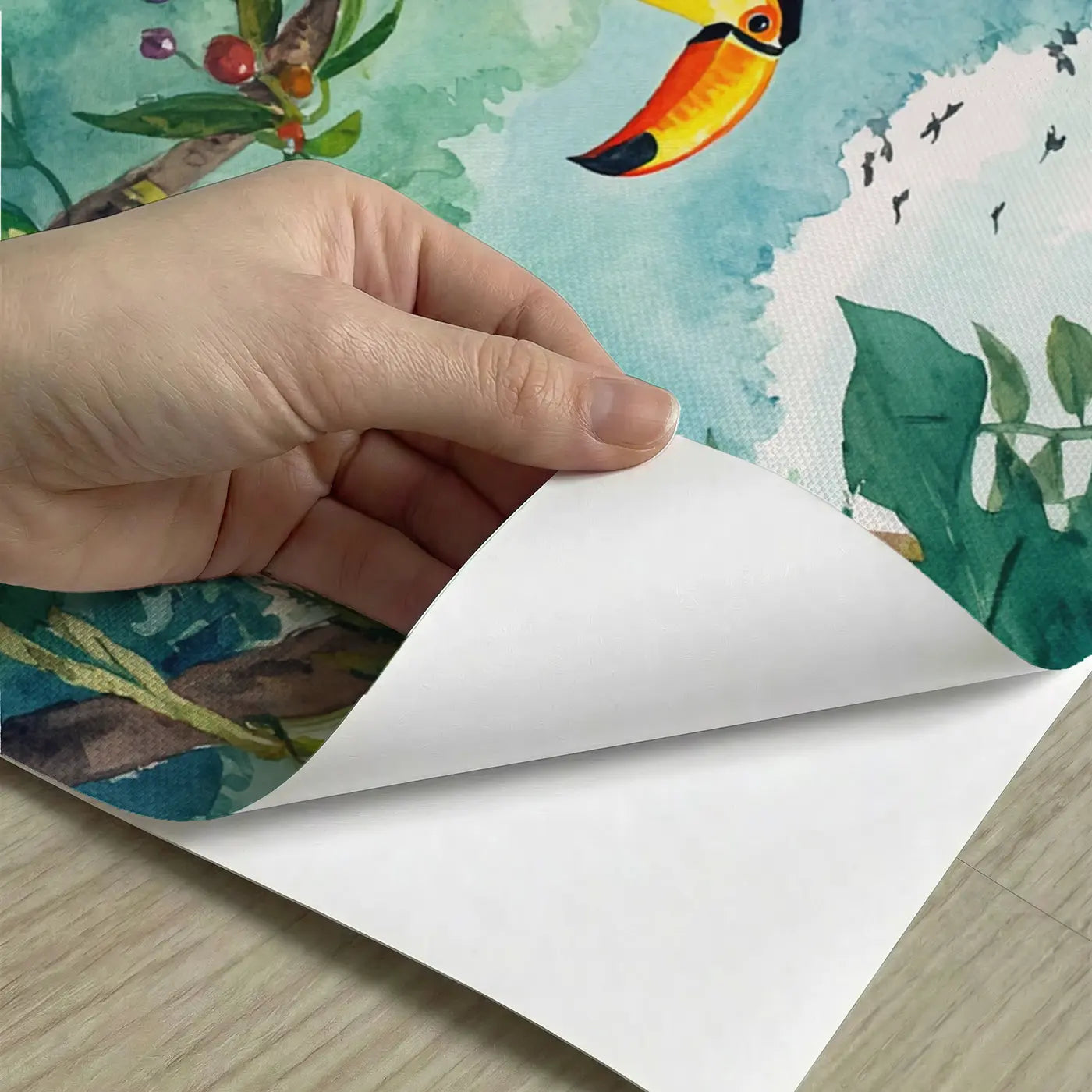 Peel-and-stick detail of Rainforest Toucan Branch Wallpaper Mural by Whimsy Tots