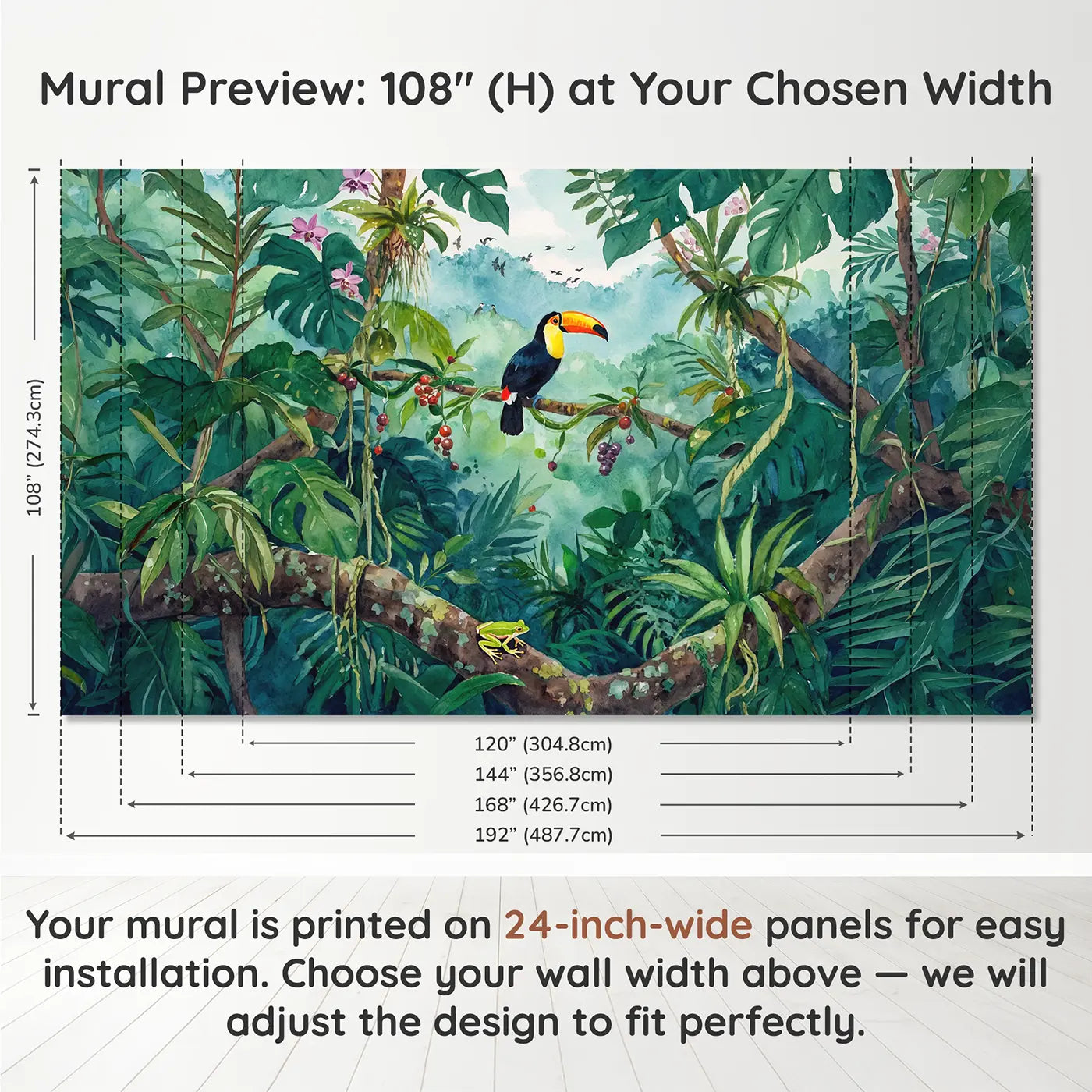 Panel layout and dimensions for Rainforest Toucan Branch Wallpaper Mural by Whimsy Tots