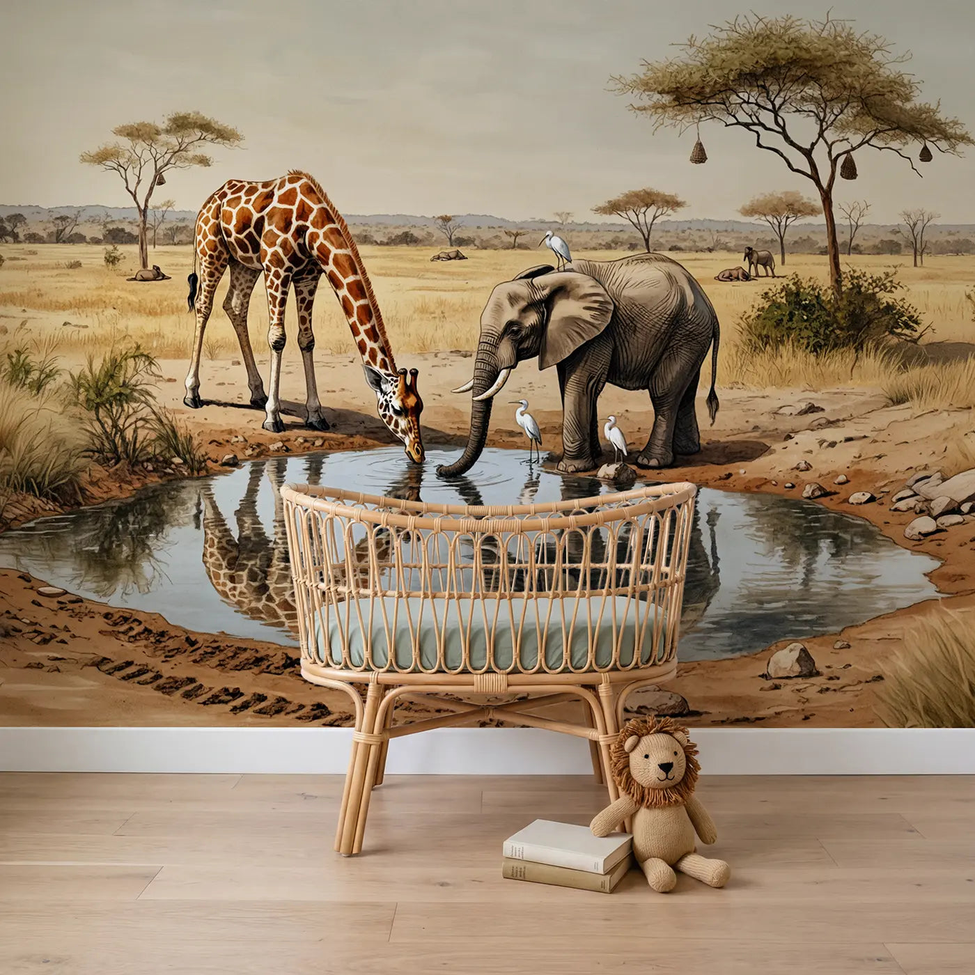 Storybook giraffe and elephant waterhole savanna wallpaper mural for nursery by Whimsy Tots