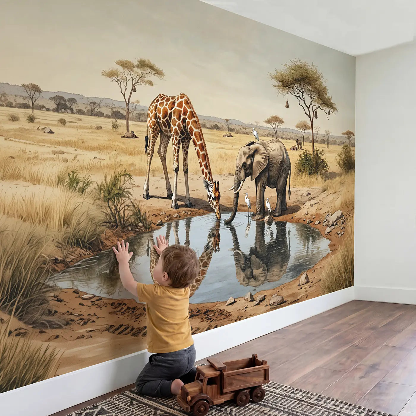 Child in nursery with Waterhole Giraffe Elephant Wallpaper Mural by Whimsy Tots