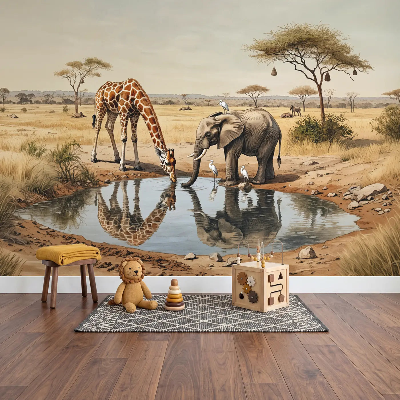 Waterhole Giraffe Elephant Wallpaper Mural in playroom setting by Whimsy Tots