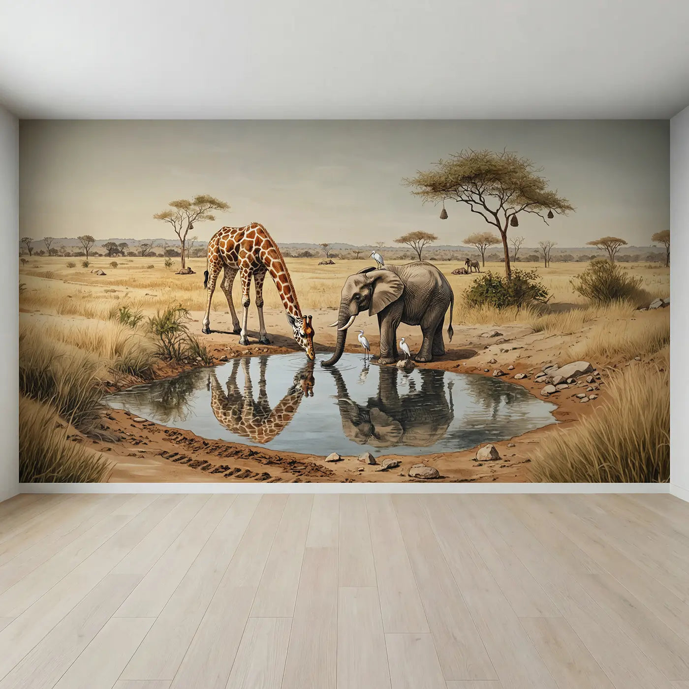 Full view of Waterhole Giraffe Elephant Wallpaper Mural by Whimsy Tots