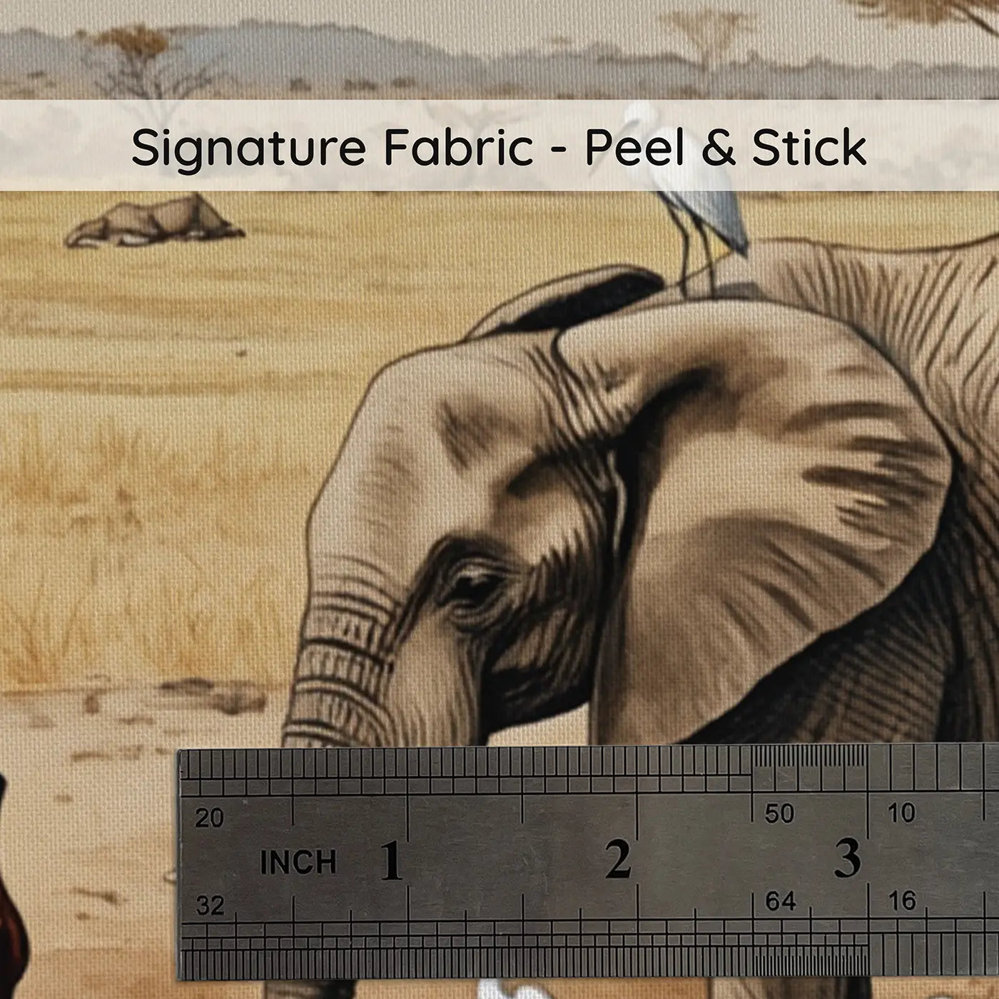 Fabric texture close-up of Waterhole Giraffe Elephant Wallpaper Mural by Whimsy Tots