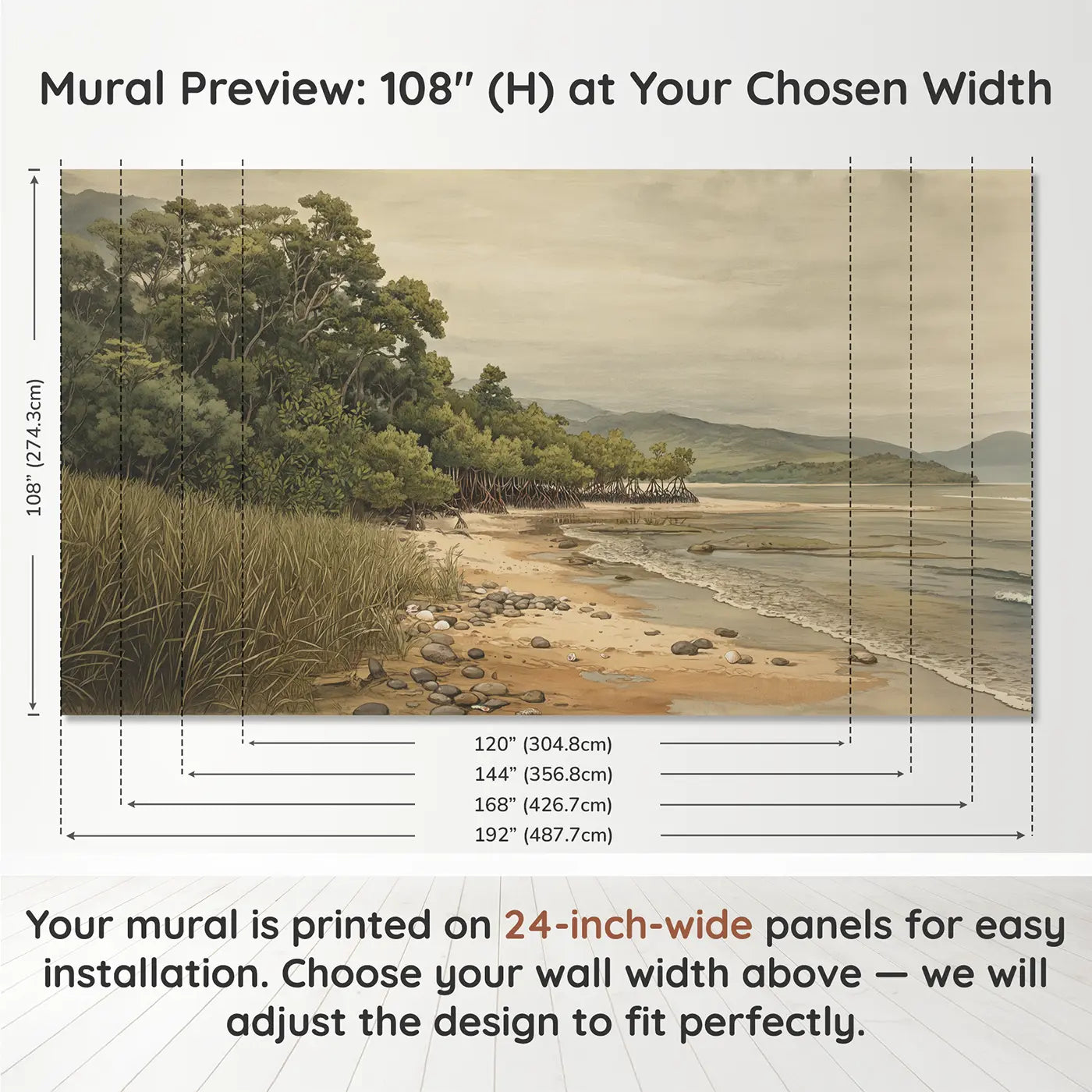 Panel layout and dimensions for Mangrove Swamp Tangled Root Wallpaper Mural by Whimsy Tots