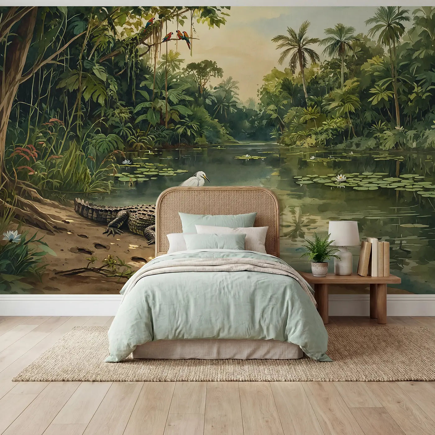Watercolor crocodile bird jungle river wallpaper mural for kids room by Whimsy Tots