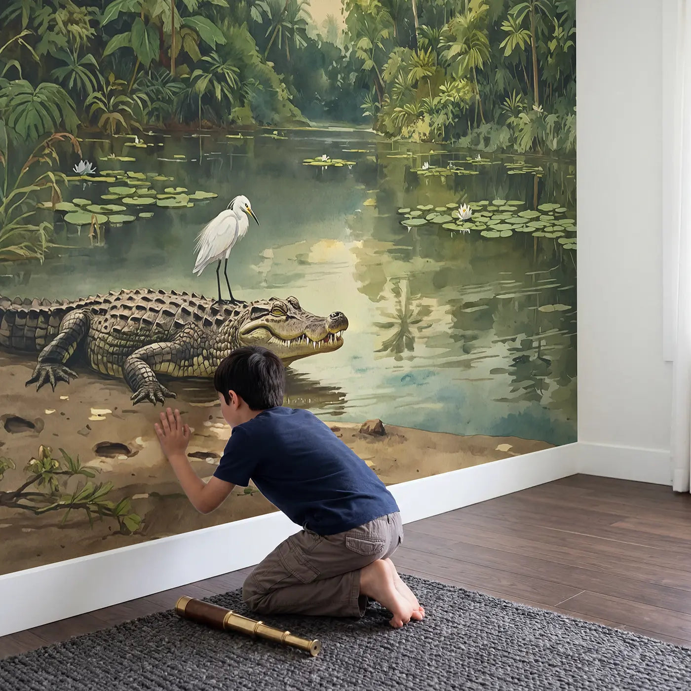Child in nursery with River Crocodile and Bird Wallpaper Mural by Whimsy Tots